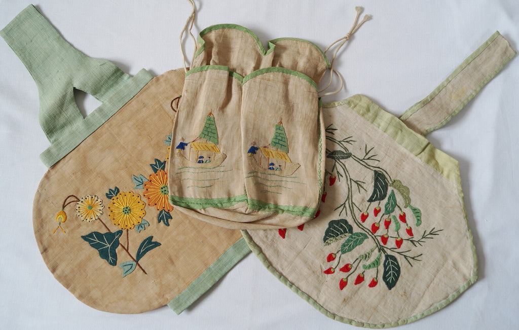 Rare Original 1920s Handbag Lantern Shape Chilli Pepper Vegetable Appliqué Pina Cloth Art Deco