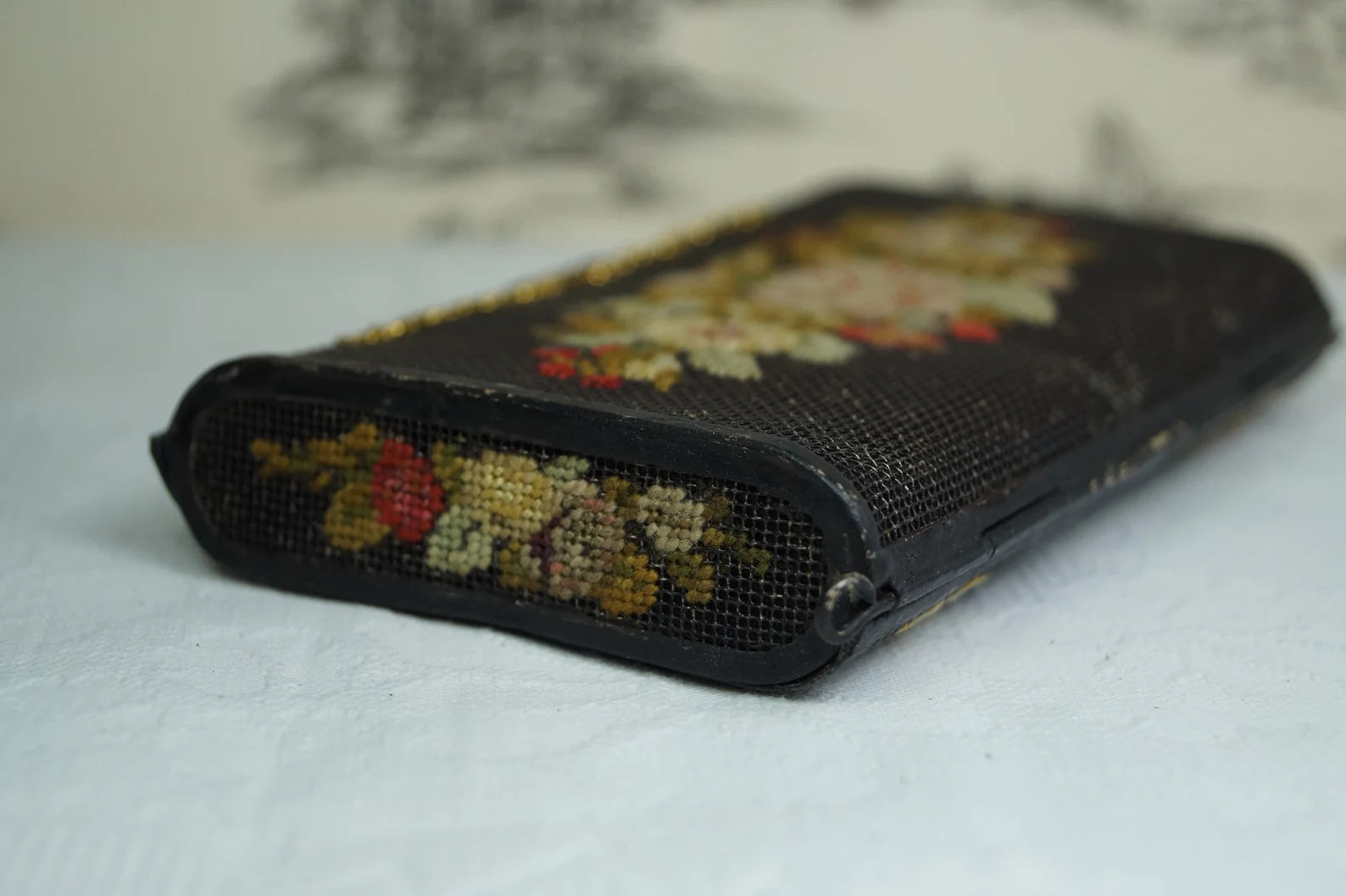 Georgian Needlepoint Mourning Case Beaded Floral Wallet 1830s
