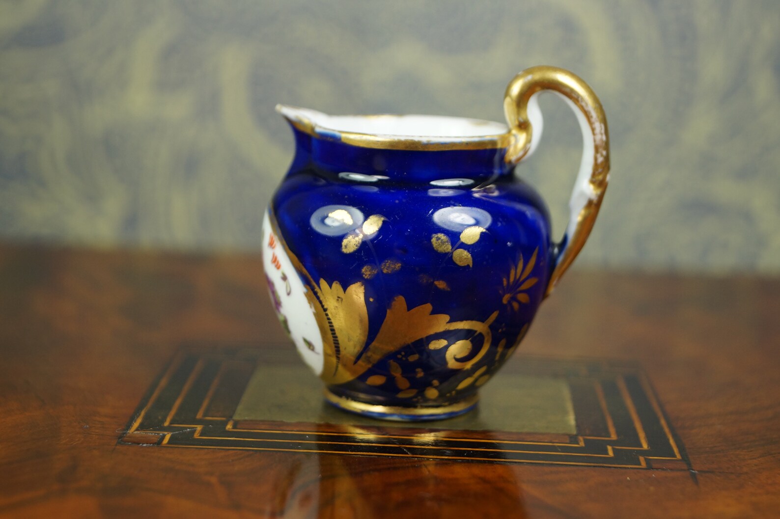 Antique Coalport Porcelain Miniature Jug Cobalt Blue Floral Circa 1820