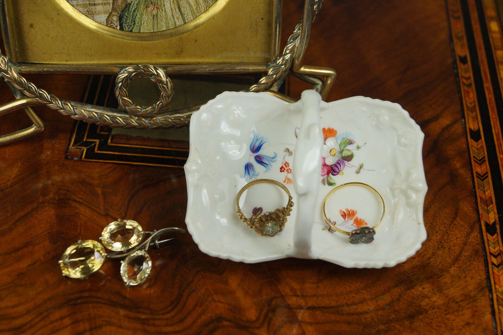 Antique 19th Century English Miniature Porcelain Basket Hand Painted Floral Circa 1840