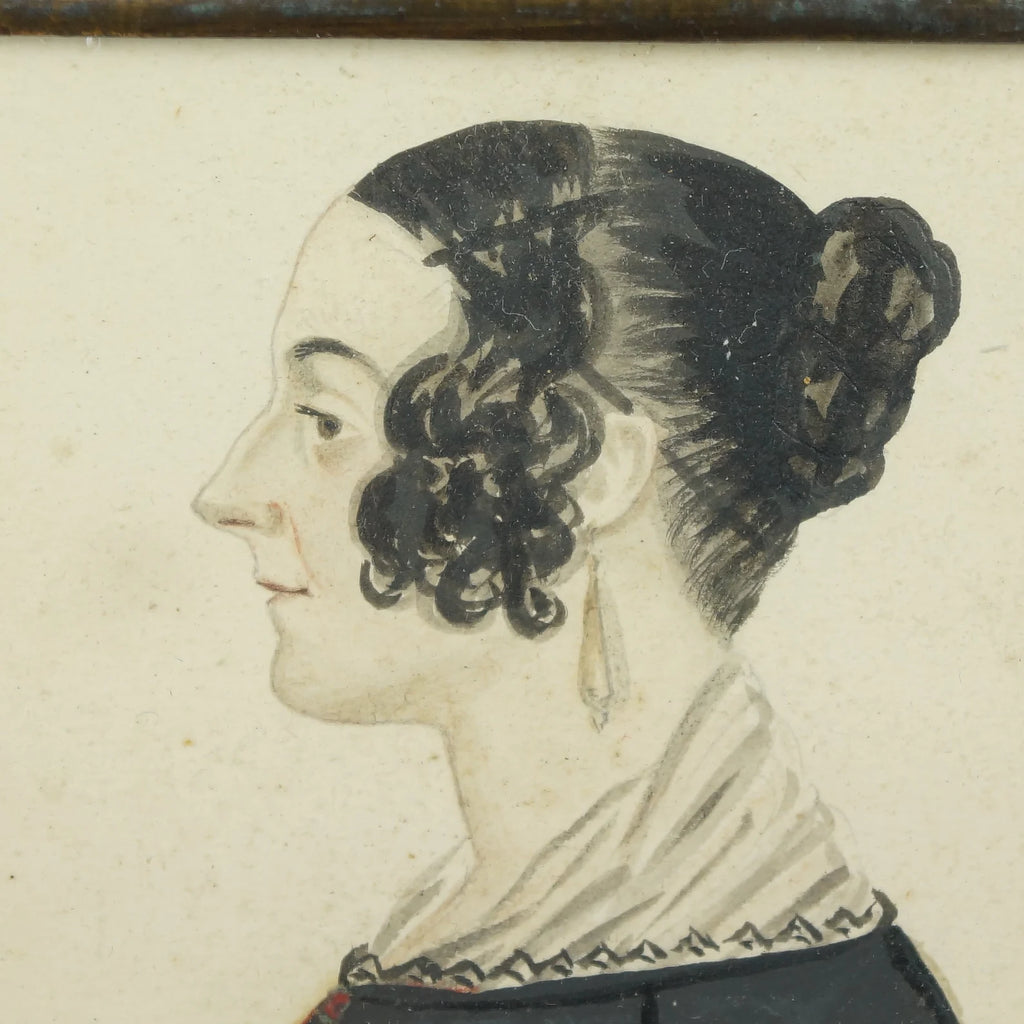 Antique Folk Art Portrait Miniature Lady Black Dress RARE Pressed Frame American School, 1840