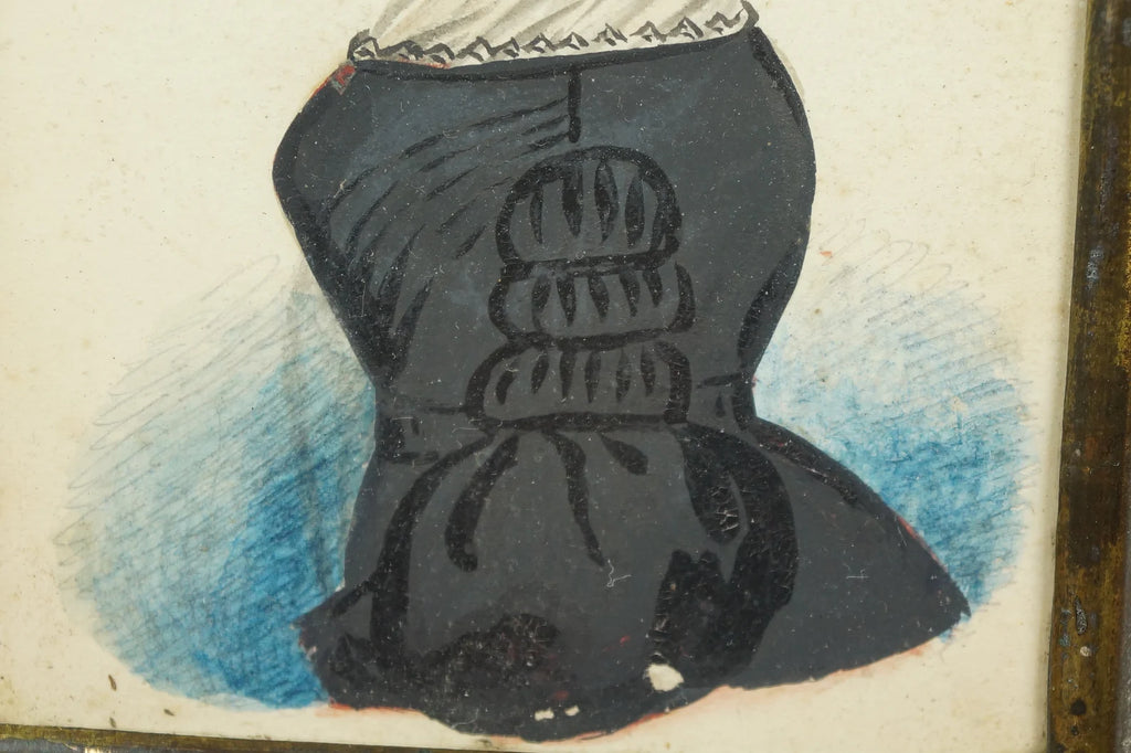 Antique Folk Art Portrait Miniature Lady Black Dress RARE Pressed Frame American School, 1840
