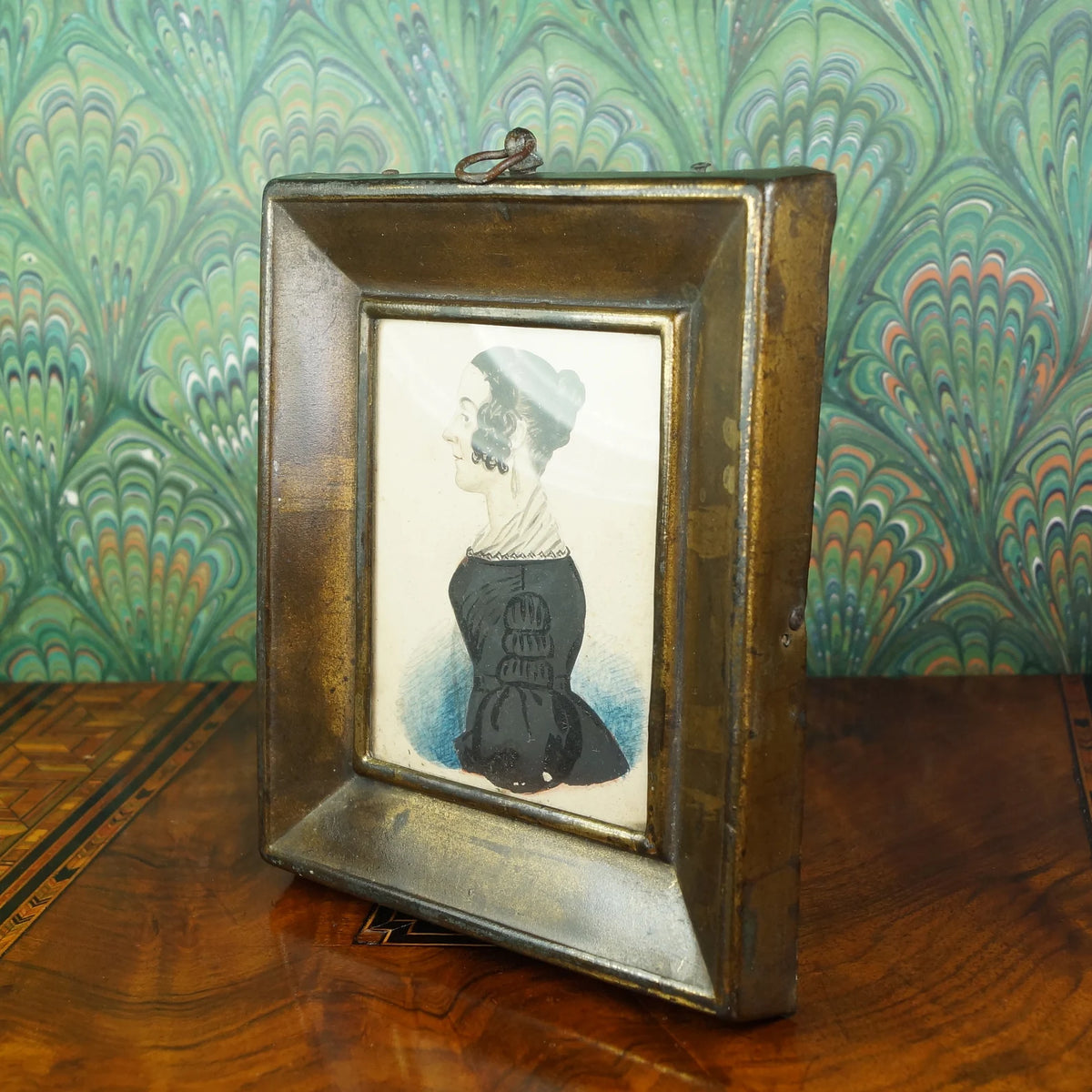Antique Folk Art Portrait Miniature Lady Black Dress RARE Pressed Frame American School, 1840