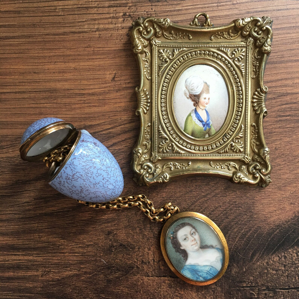 Antique Enamel Portrait Miniature Ornate Brass Frame C 1850