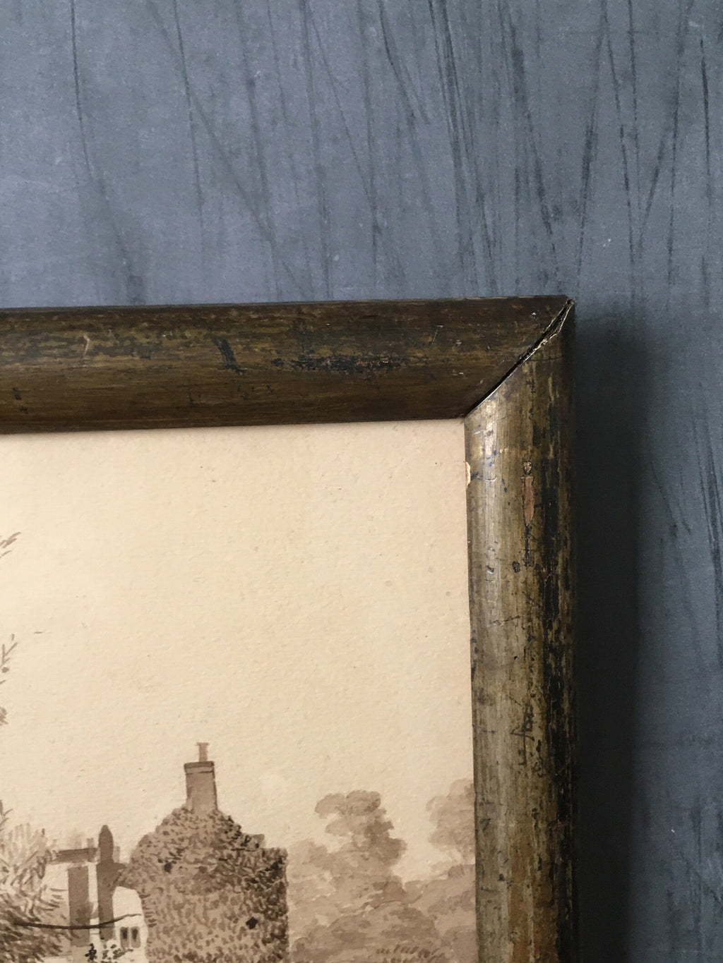 Antique 19th Century Painting Pen and Ink Sepia English Manor House Country Estate