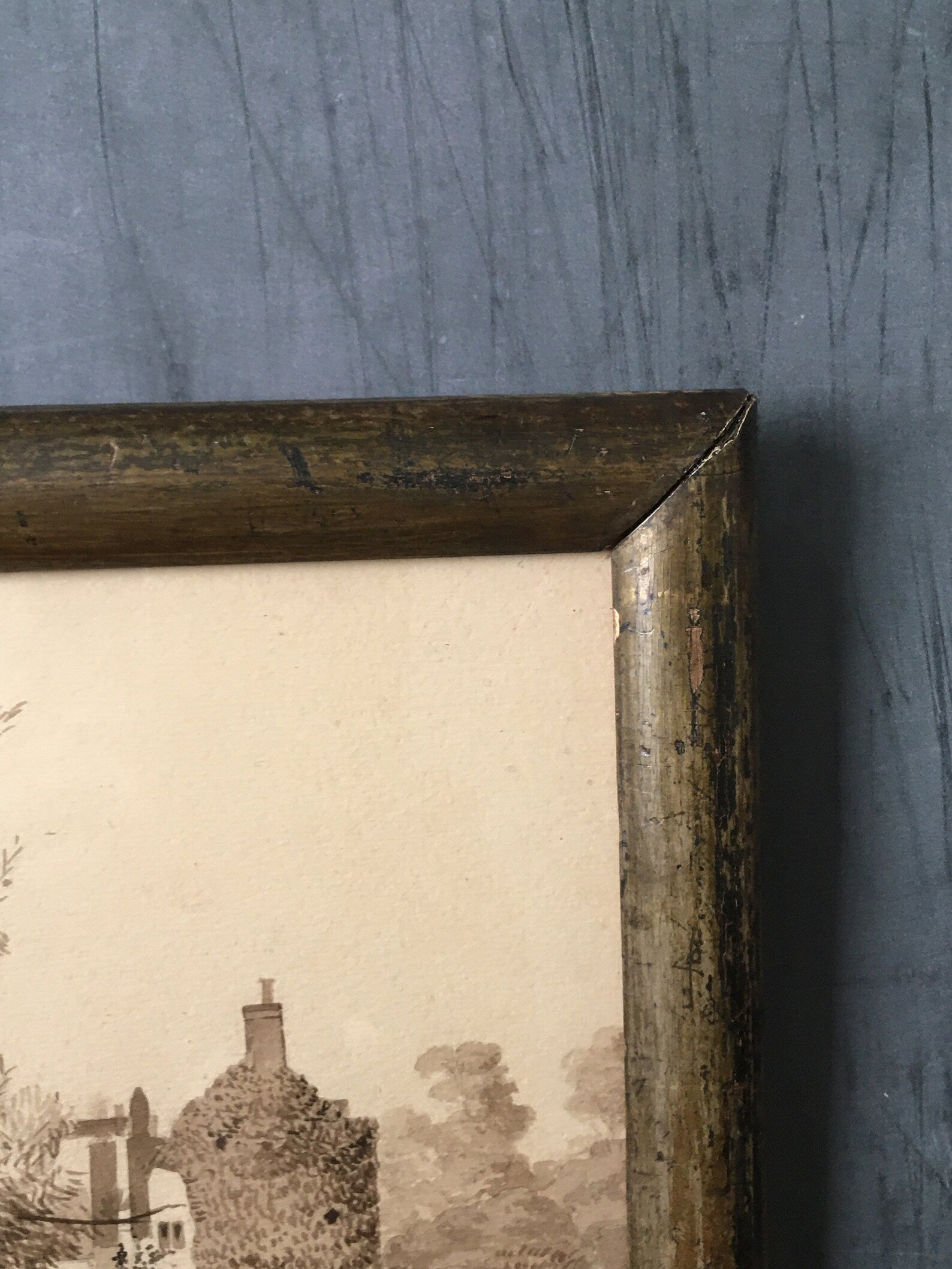 Antique 19th Century Painting Pen and Ink Sepia English Manor House Country Estate