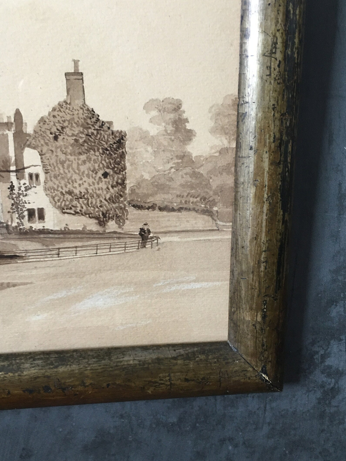 Antique 19th Century Painting Pen and Ink Sepia English Manor House Country Estate