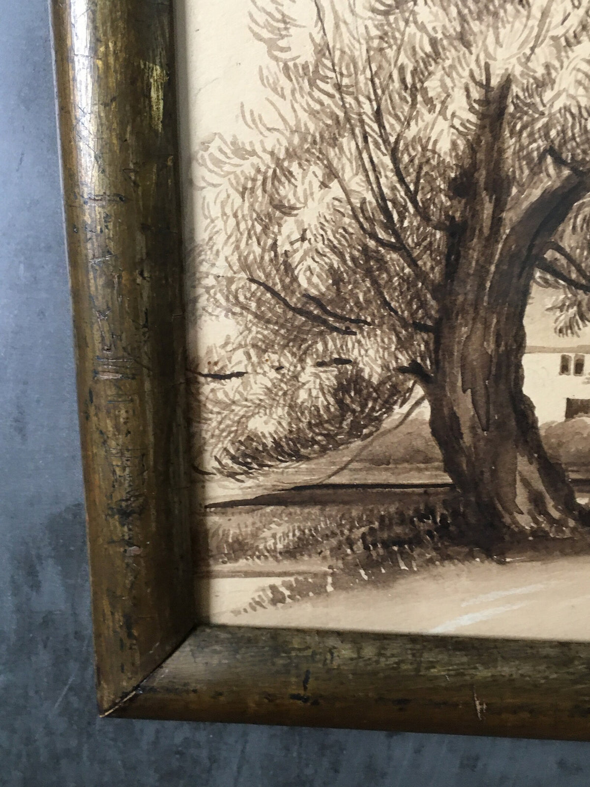 Antique 19th Century Painting Pen and Ink Sepia English Manor House Country Estate