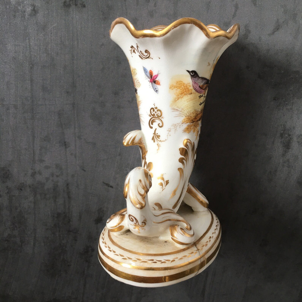 Antique Porcelain Cornucopia Vase Hand-Painted Bird and Butterfly Regency Era