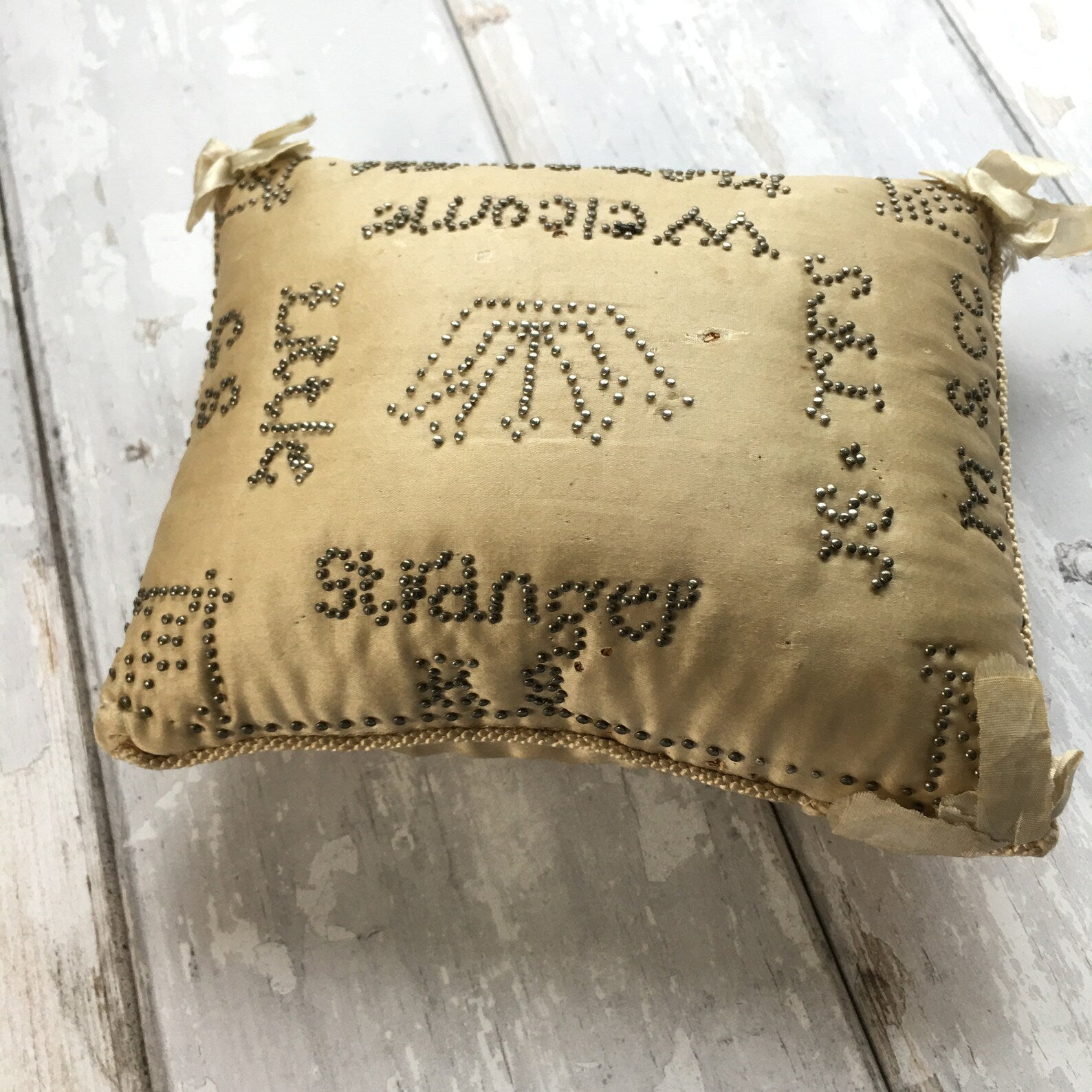 Antique Layette Pincushion Birth Pin Cushion Welcome Little Stranger Dated 1844 AF
