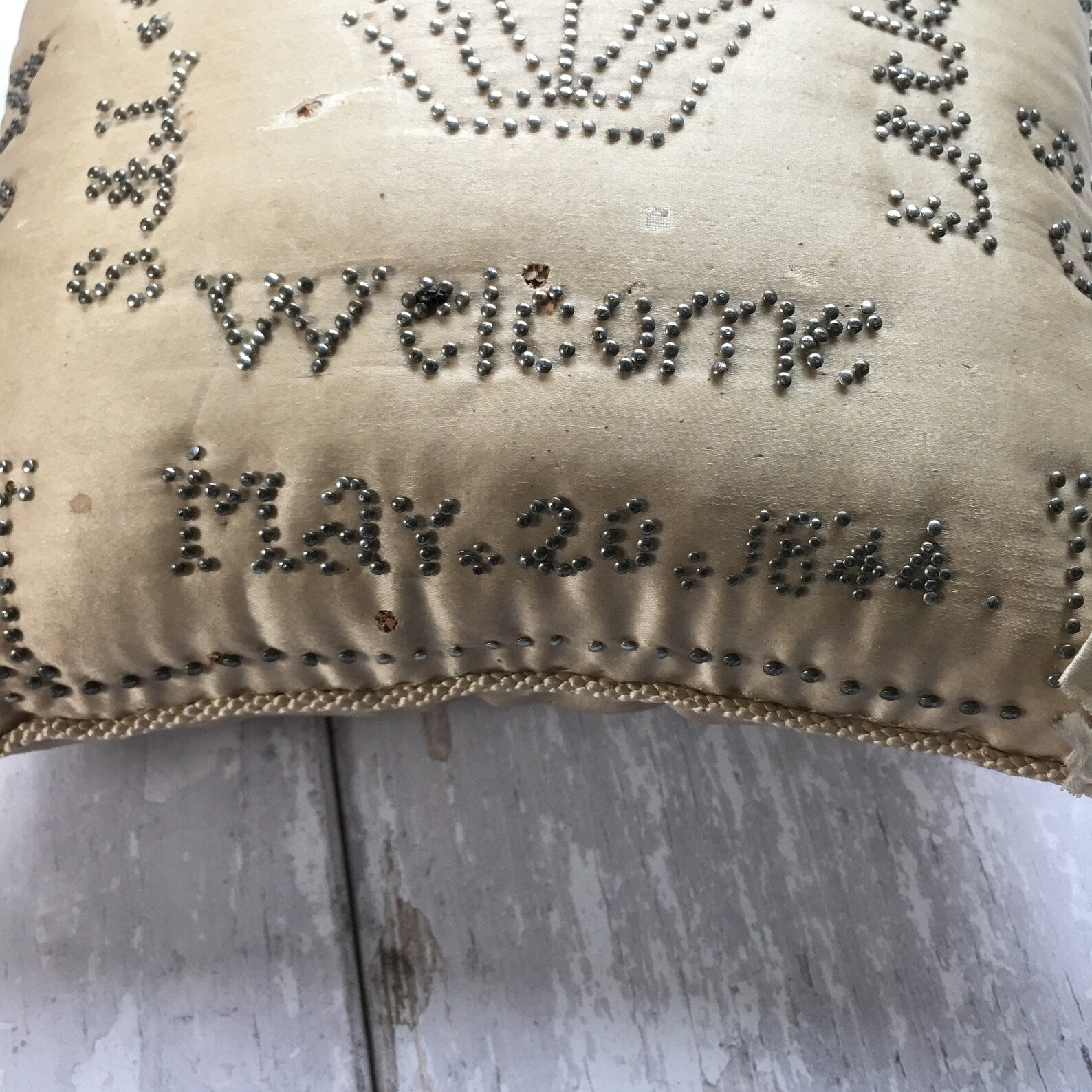 Antique Layette Pincushion Birth Pin Cushion Welcome Little Stranger Dated 1844 AF