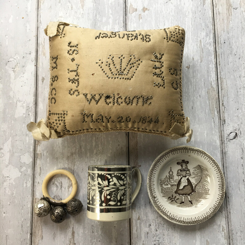 Antique Layette Pincushion Birth Pin Cushion Welcome Little Stranger Dated 1844 AF