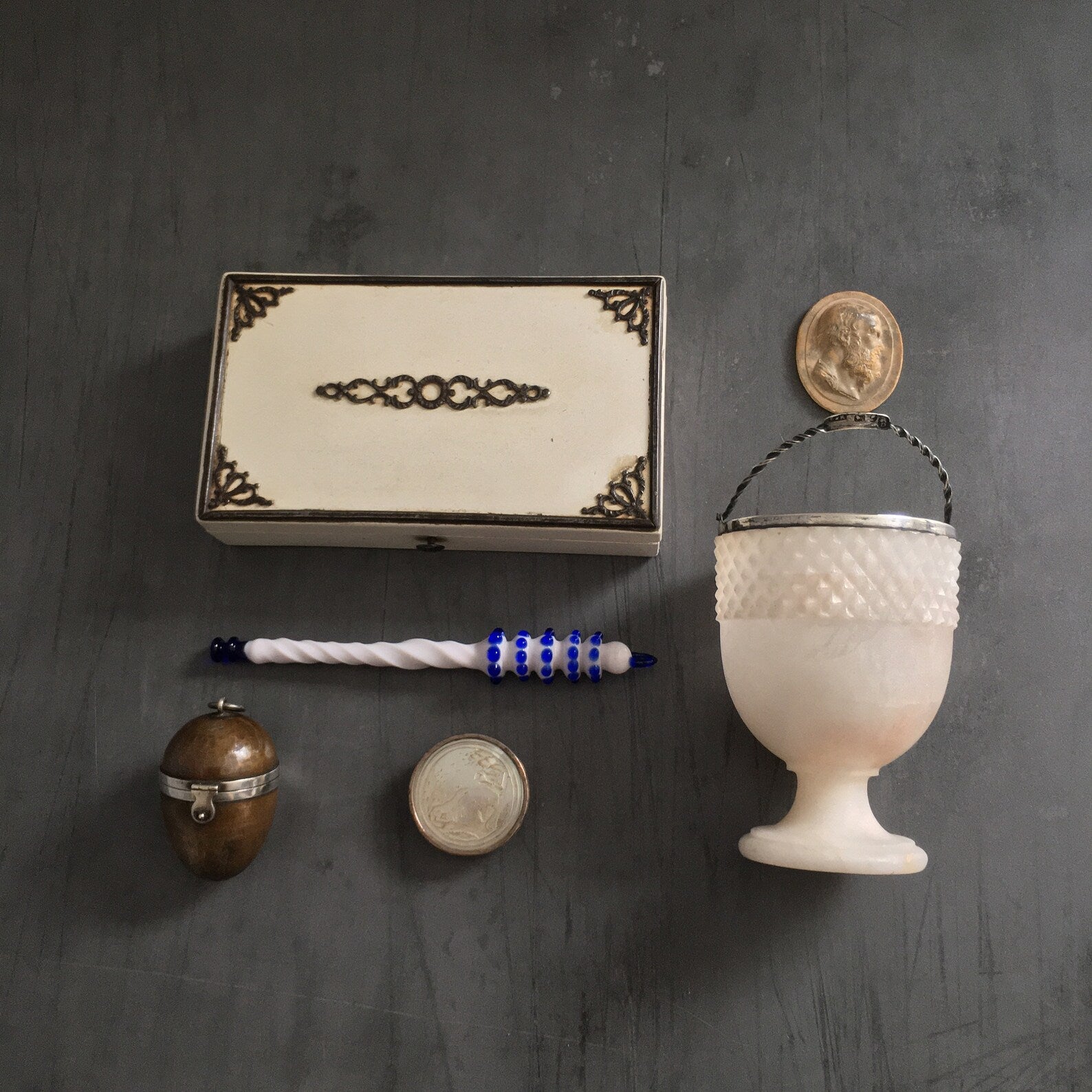 19th Century Swing Handle Alabaster Sugar Basket Sterling Silver Dated 1805