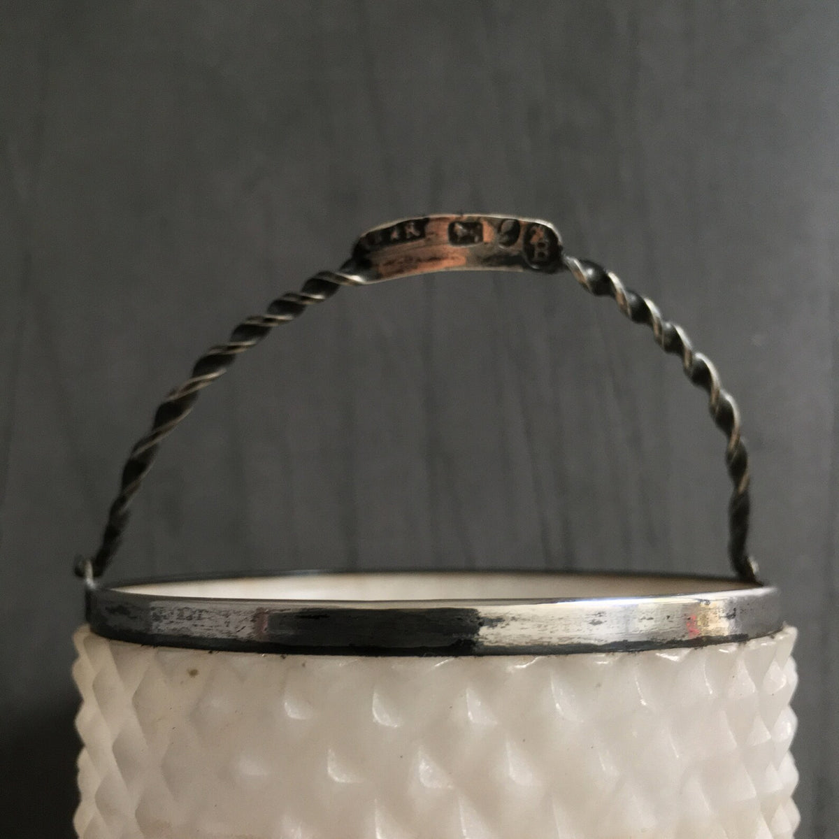 19th Century Swing Handle Alabaster Sugar Basket Sterling Silver Dated 1805