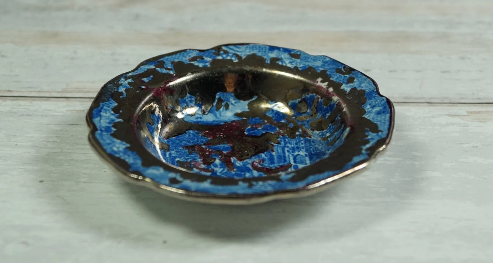 19th Century Silver Lustre Toy Dish Queen of Sheba Blue Transferware