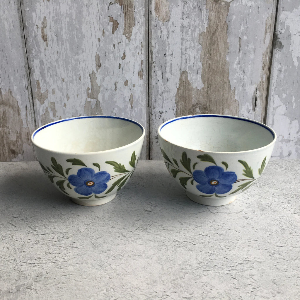 19th Century English Pottery Tea Bowl Blue Flower Pearlware C 1810 Folk Art Naïve