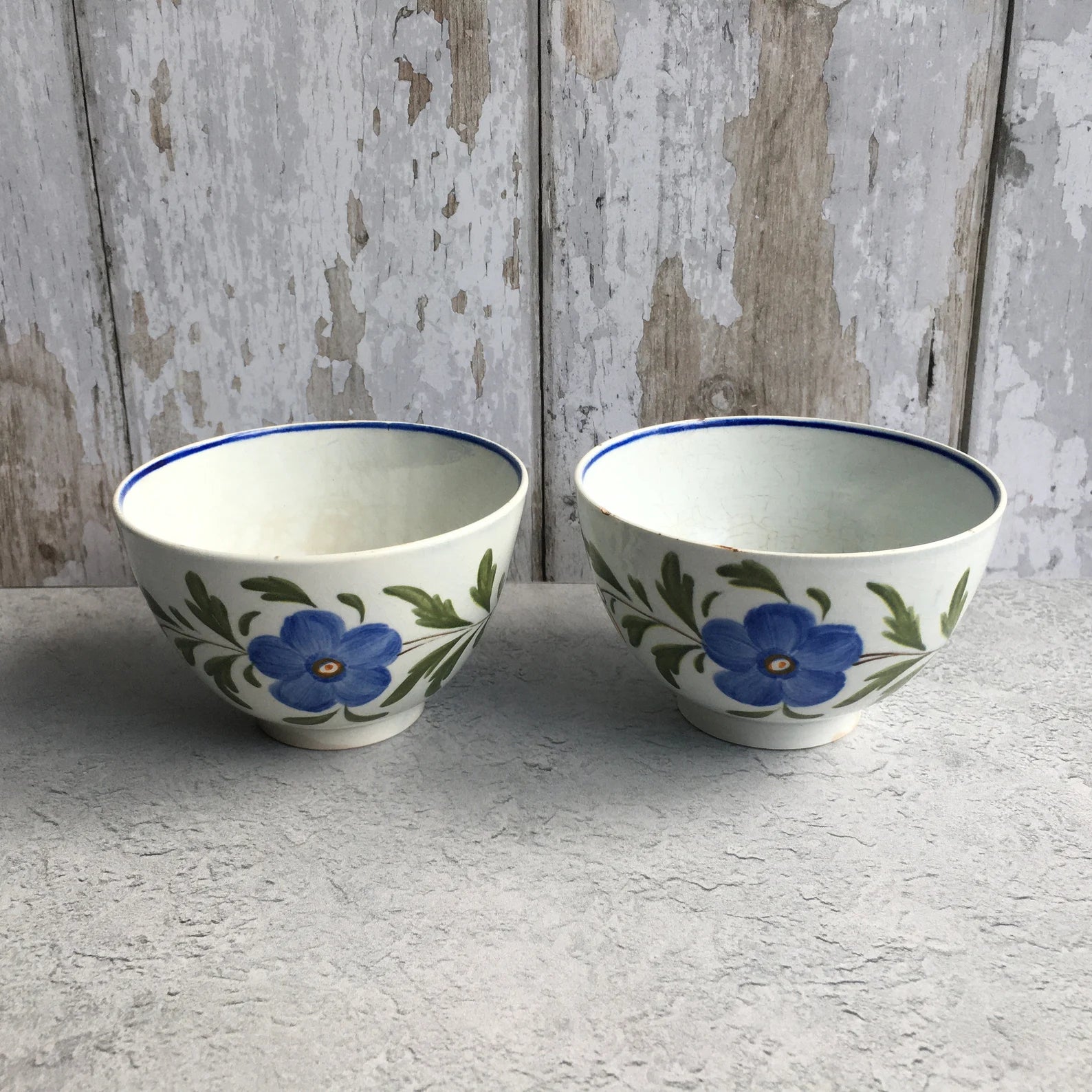 19th Century English Pottery Tea Bowl Blue Flower Pearlware C 1810 Folk Art Naïve
