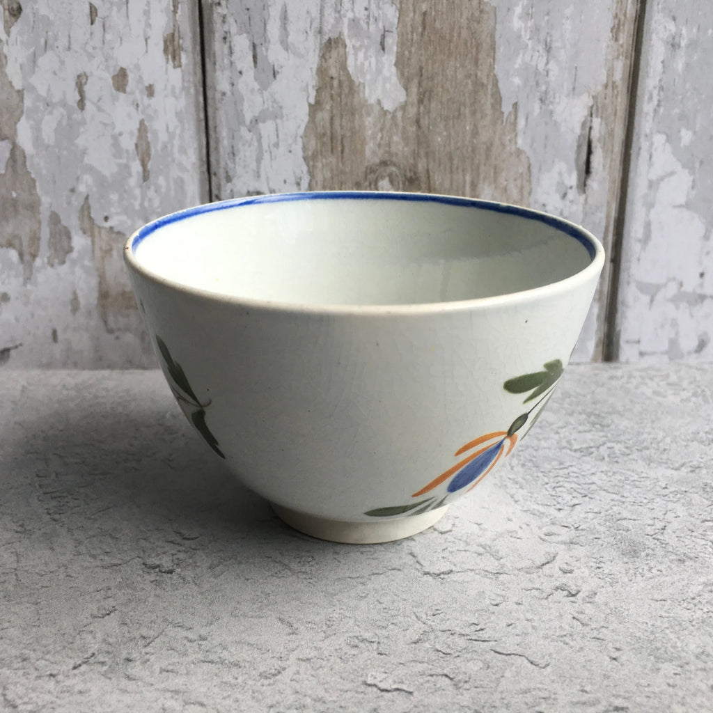 19th Century English Pottery Tea Bowl Blue Flower Pearlware C 1810 Folk Art Naïve