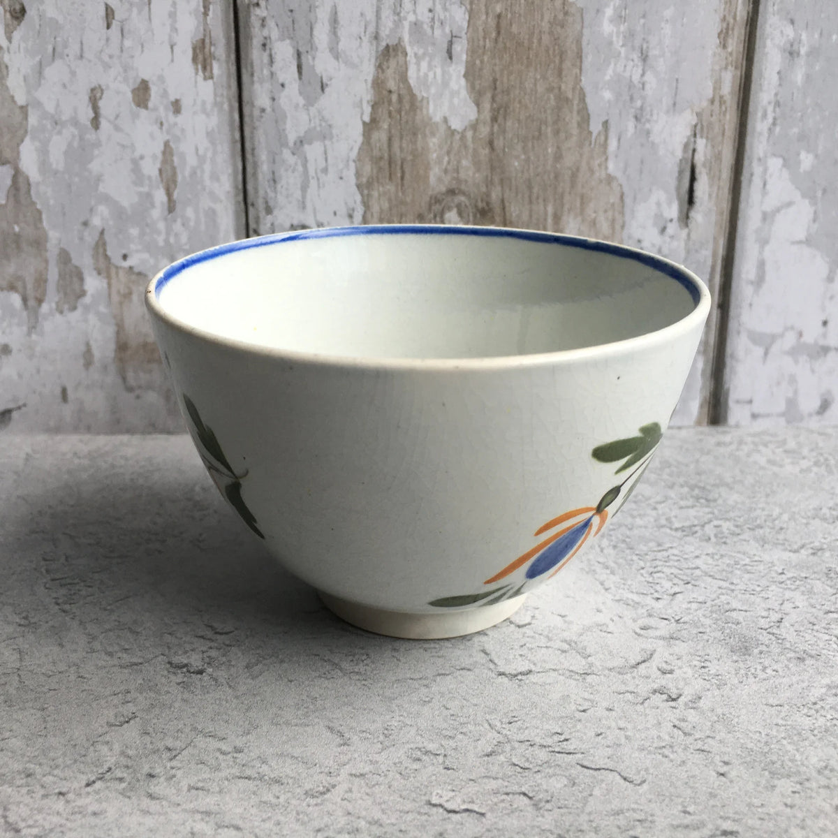 19th Century English Pottery Tea Bowl Blue Flower Pearlware C 1810 Folk Art Naïve