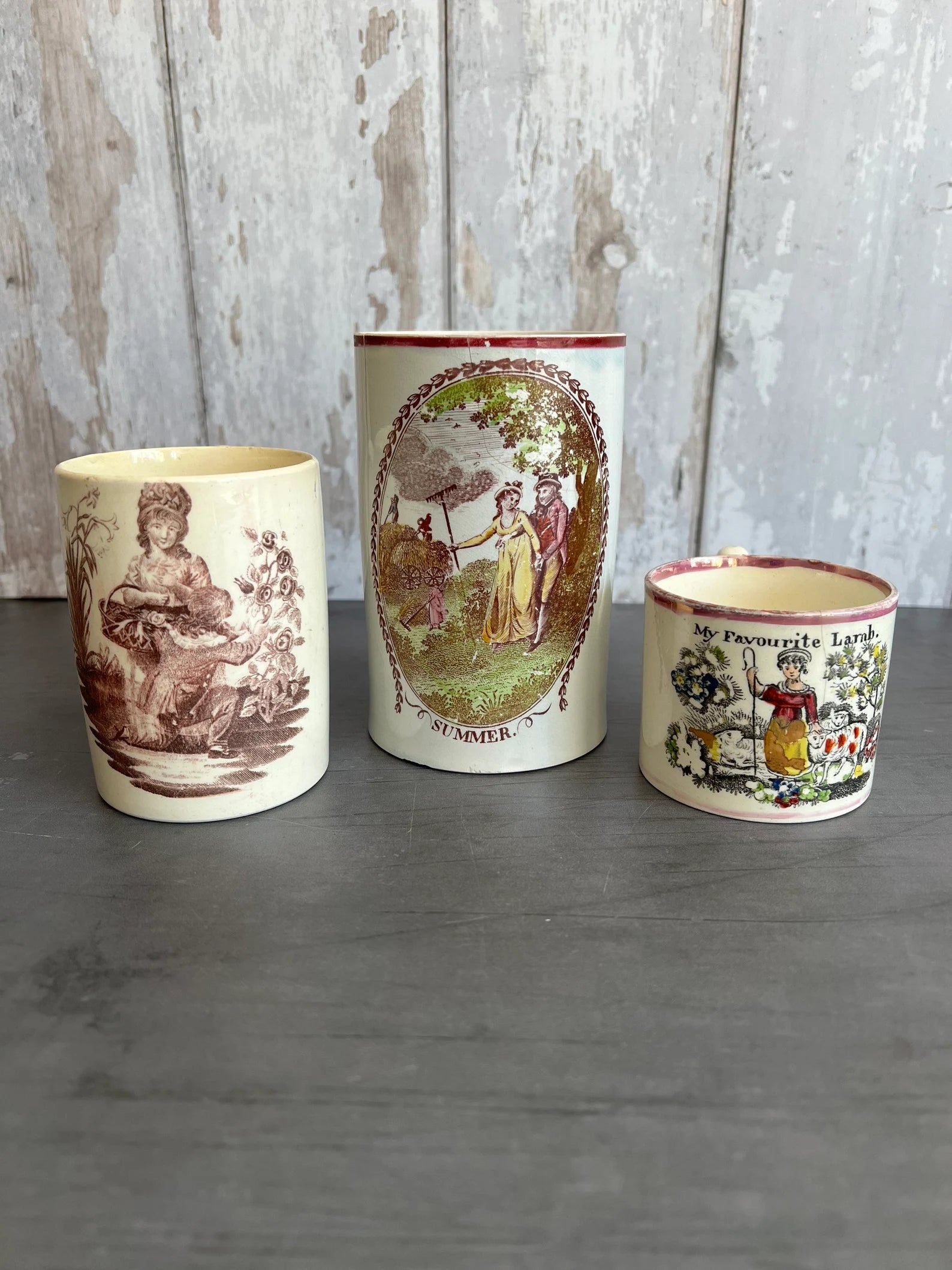 Antique Herculaneum Creamware Mug Tankard Romantic Lovers Purple Puce Transfer Printed C 1800
