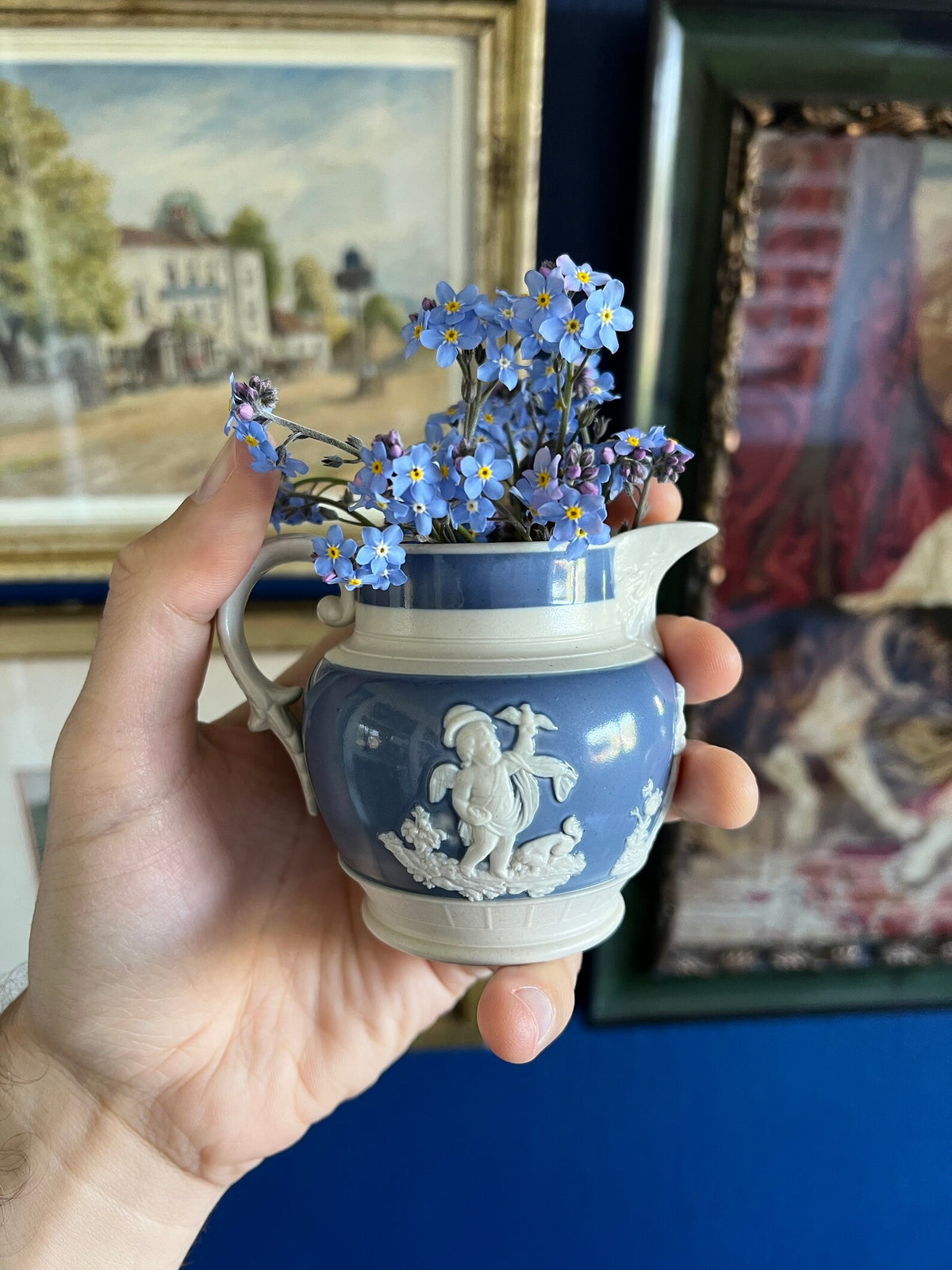 Antique Miniature Jug Chetham & Woolley Putto and Dogs Design Staffordshire England