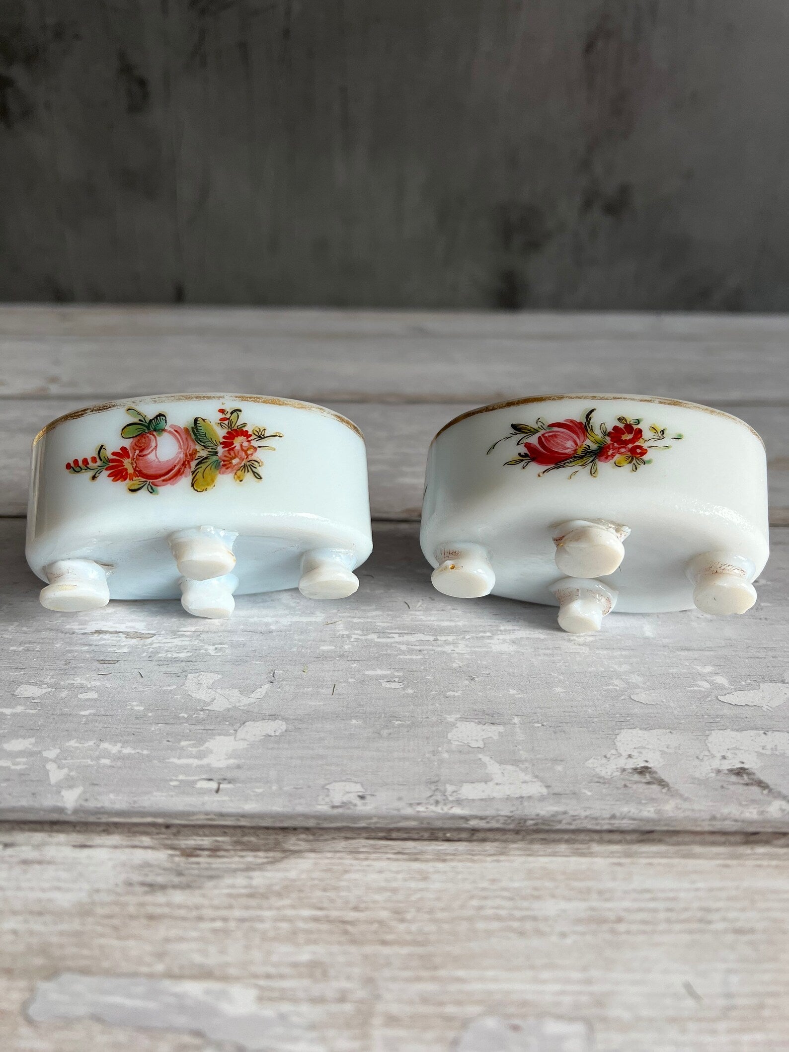 18th Century Opaline Glass Salt Cellars Enamelled Floral Design Georgian Wedding Gift