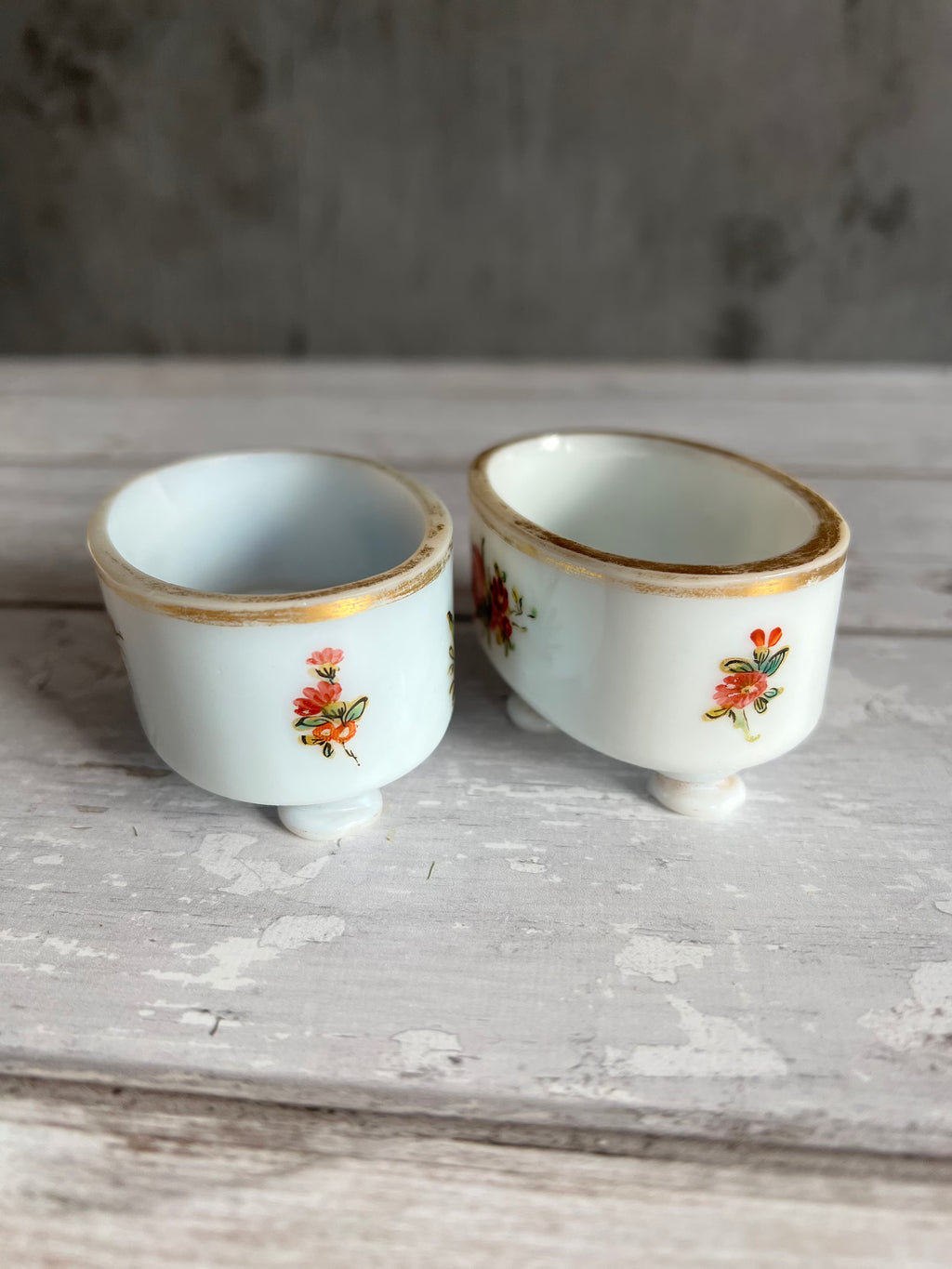 18th Century Opaline Glass Salt Cellars Enamelled Floral Design Georgian Wedding Gift