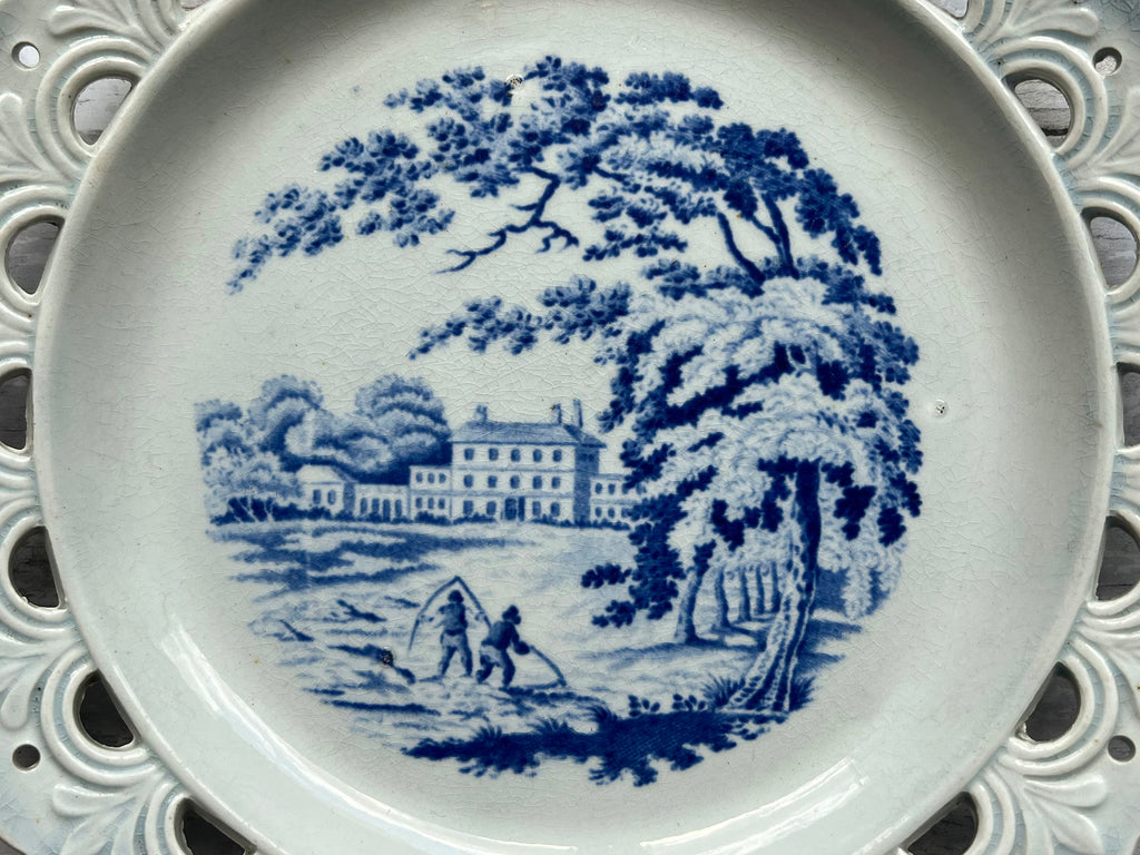 19th Century Pearlware Plate Reticulated Border English Country House Blue And White C 1820
