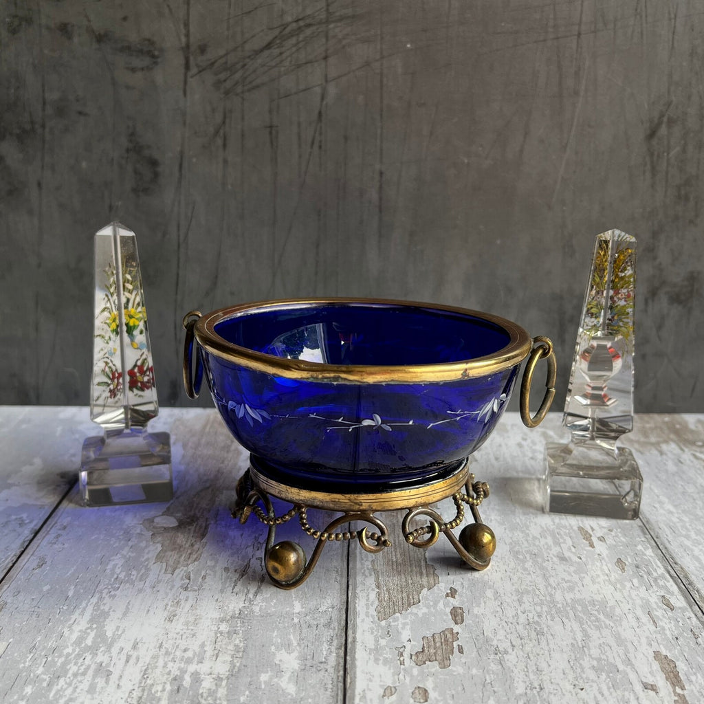 19th Century Tazza Gilt Metal and Cobalt Blue Glass Dish C 1860 Napoleon III