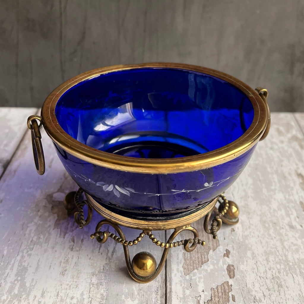 19th Century Tazza Gilt Metal and Cobalt Blue Glass Dish C 1860 Napoleon III