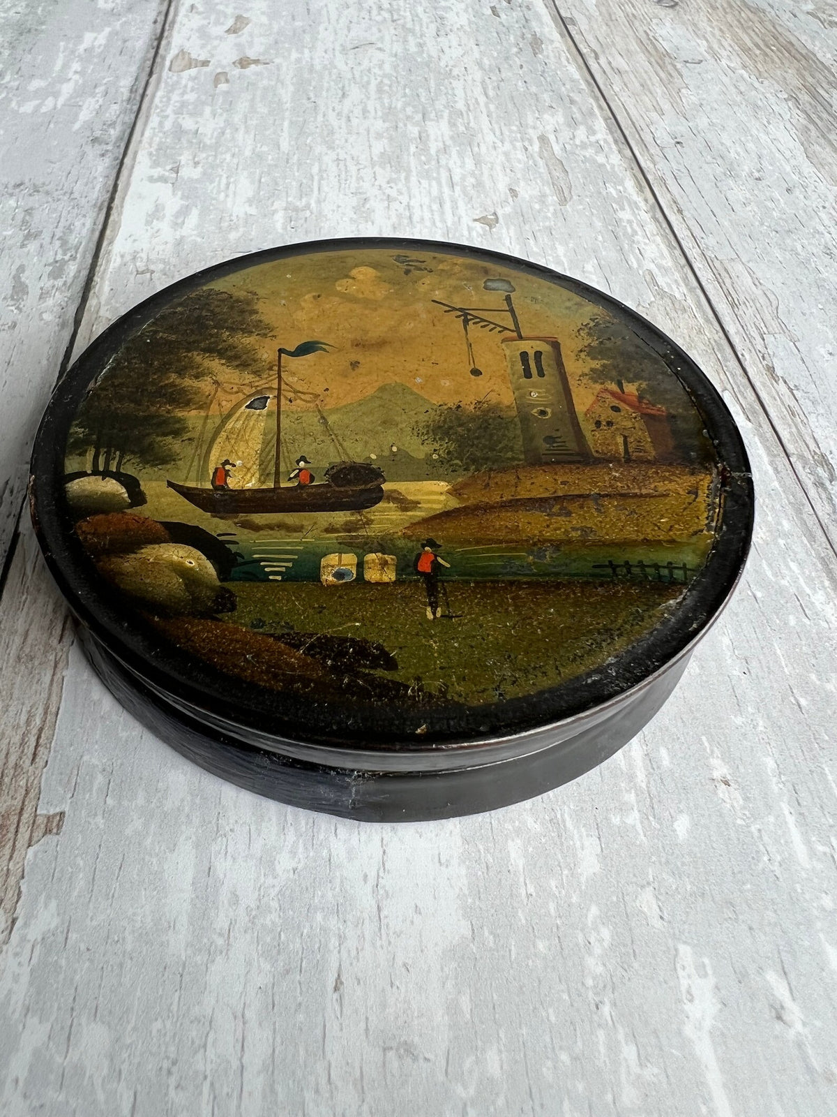 Antique Georgian Papier Mache Snuff Box Hand-Painted Trading Scene