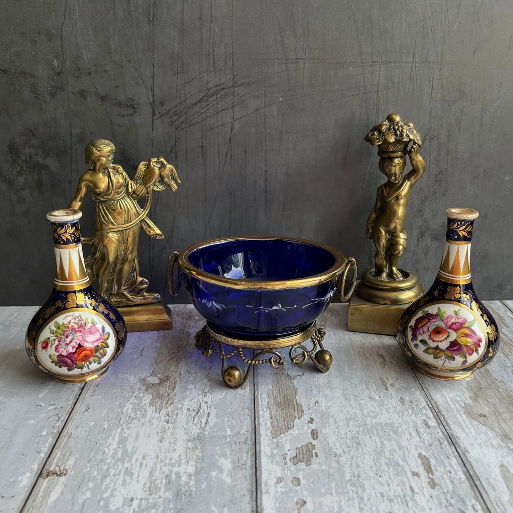 19th Century Tazza Gilt Metal and Cobalt Blue Glass Dish C 1860 Napoleon III