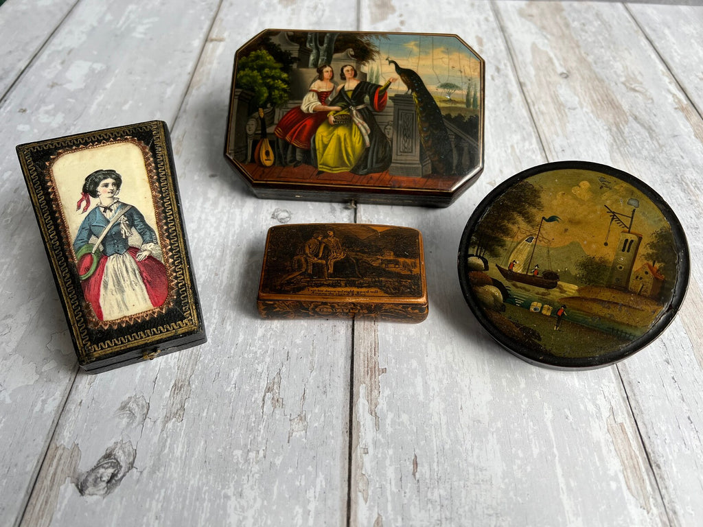 Antique Georgian Papier Mache Snuff Box Hand-Painted Trading Scene