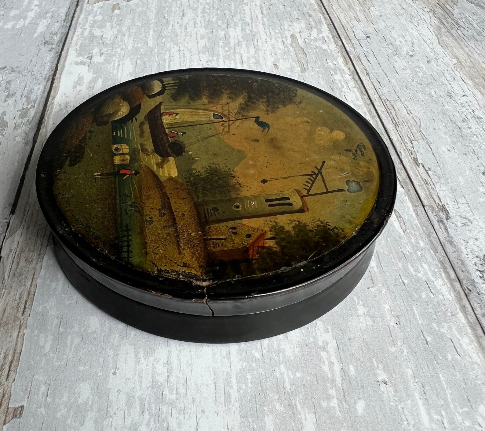 Antique Georgian Papier Mache Snuff Box Hand-Painted Trading Scene