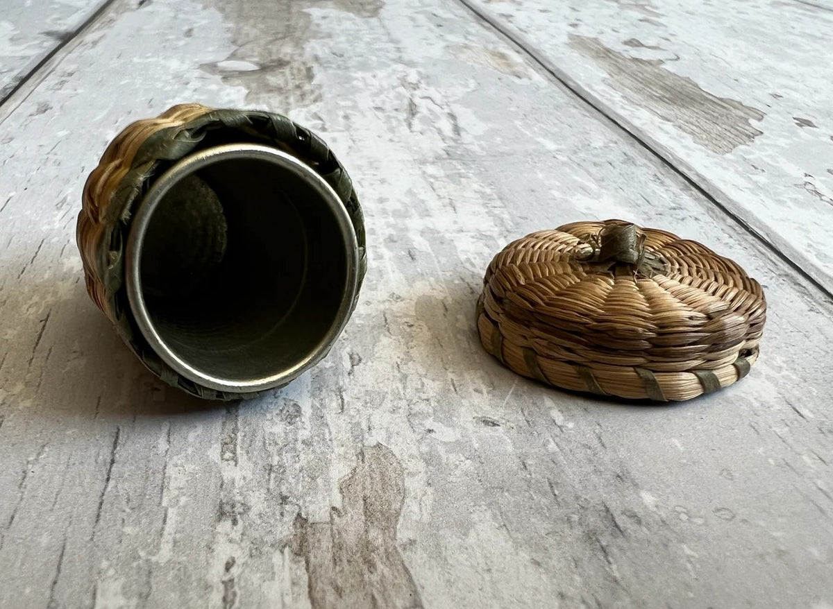 19th Century Sea Grass Thimble Holder Straw Basket Folk Art