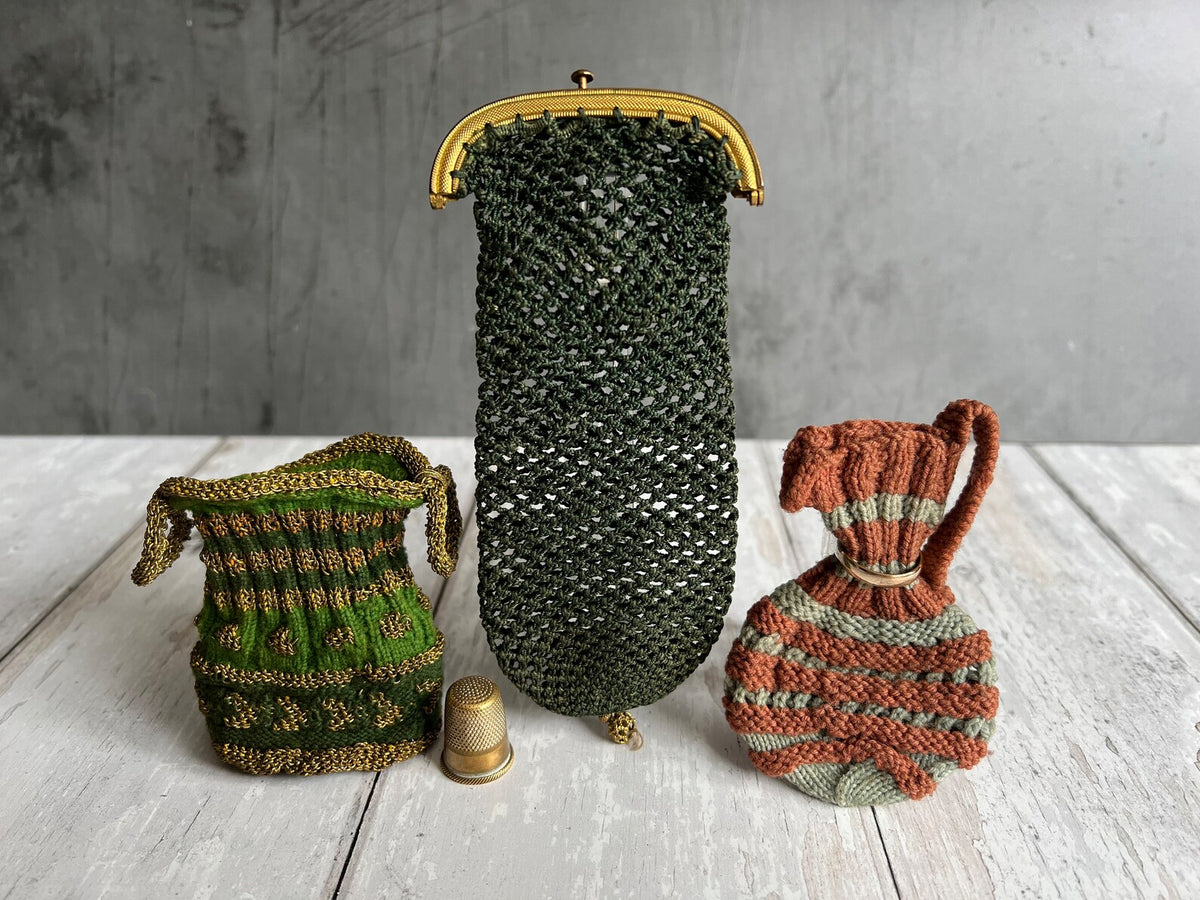 Antique 19th Century Knitted Pence Jug Purse with Hallmarked Gold Wedding Ring Circa 1800s