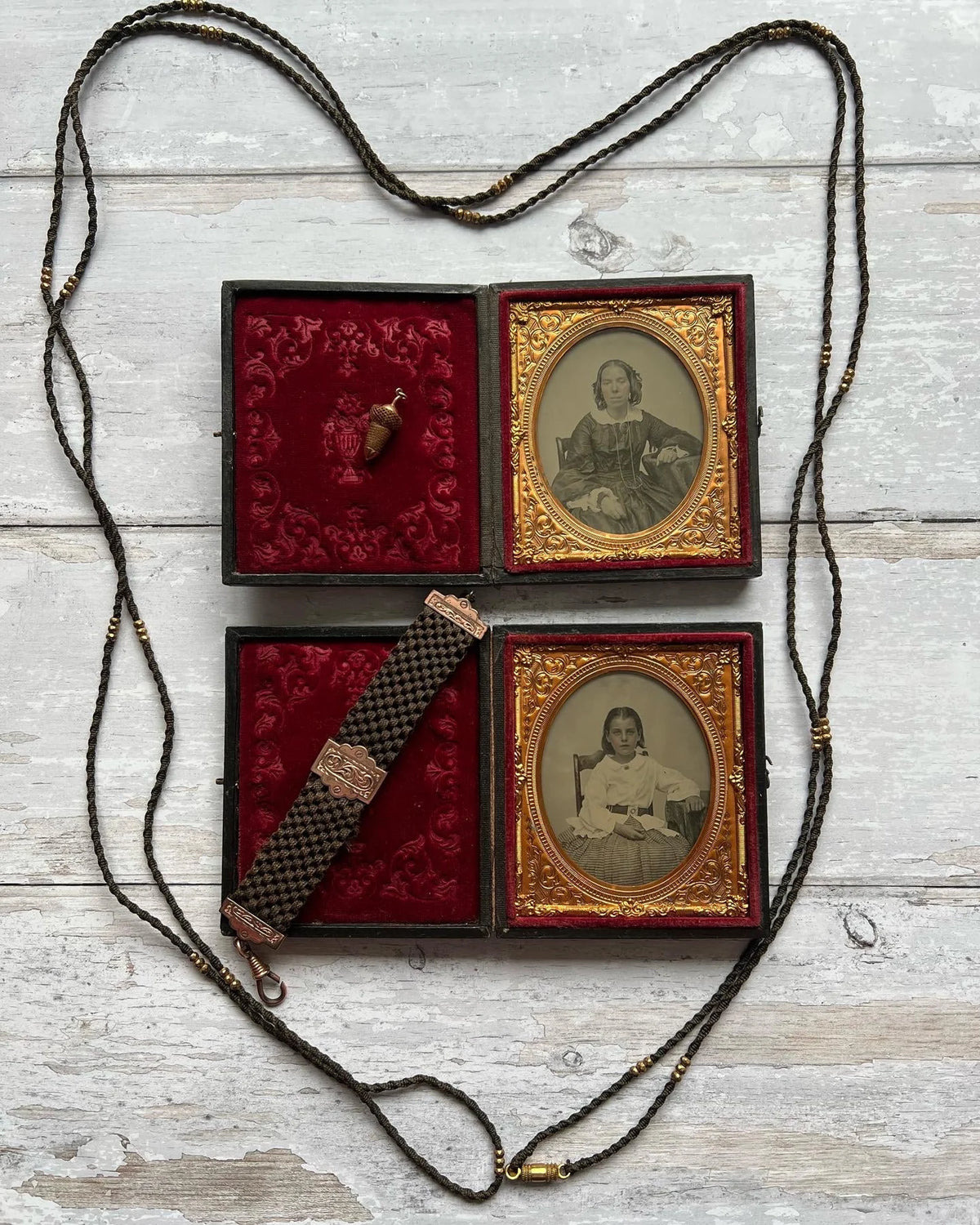 19th Century PAIR Victorian Mother And Daughter Cased Hand Tinted Ambrotype Photograph Sixth Plate