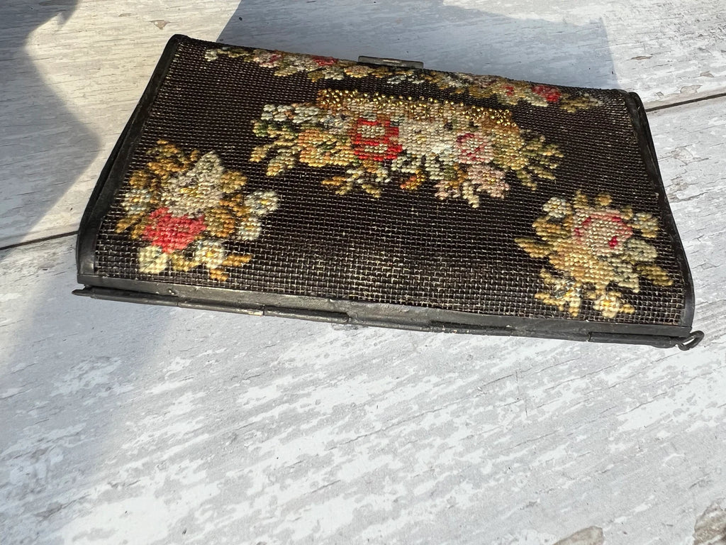 Georgian Needlepoint Mourning Case Beaded Floral Wallet 1830s