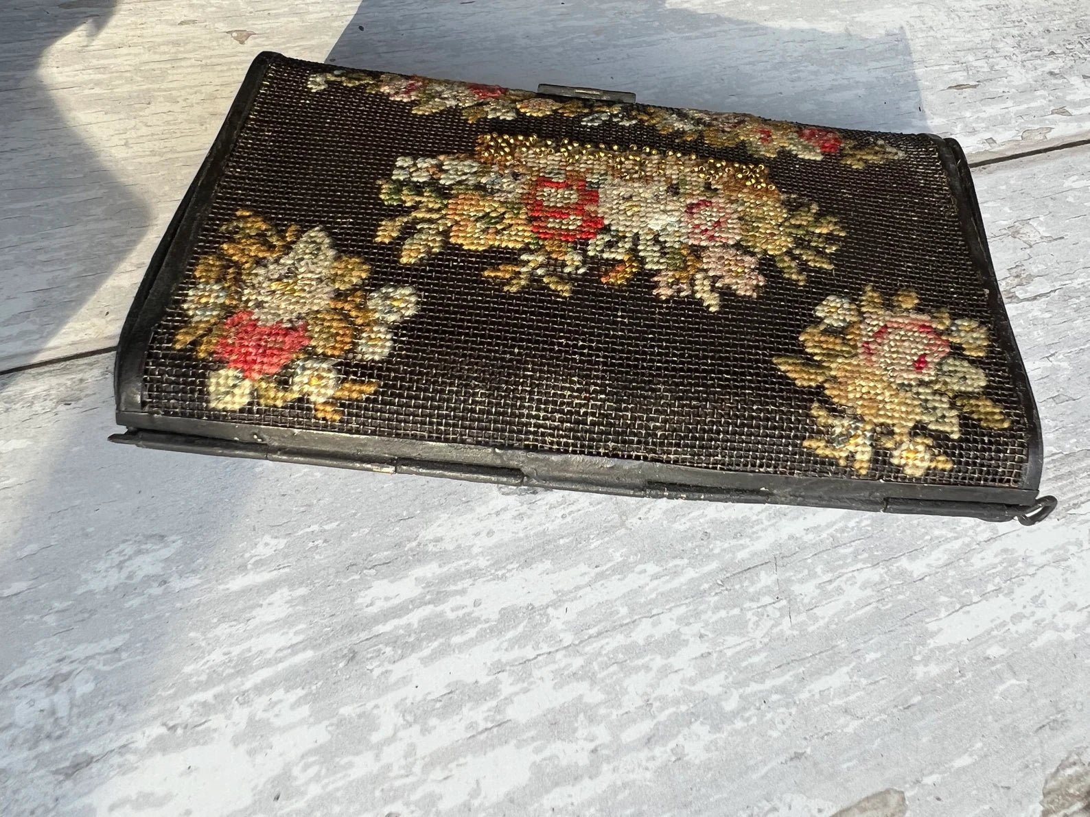 Georgian Needlepoint Mourning Case Beaded Floral Wallet 1830s