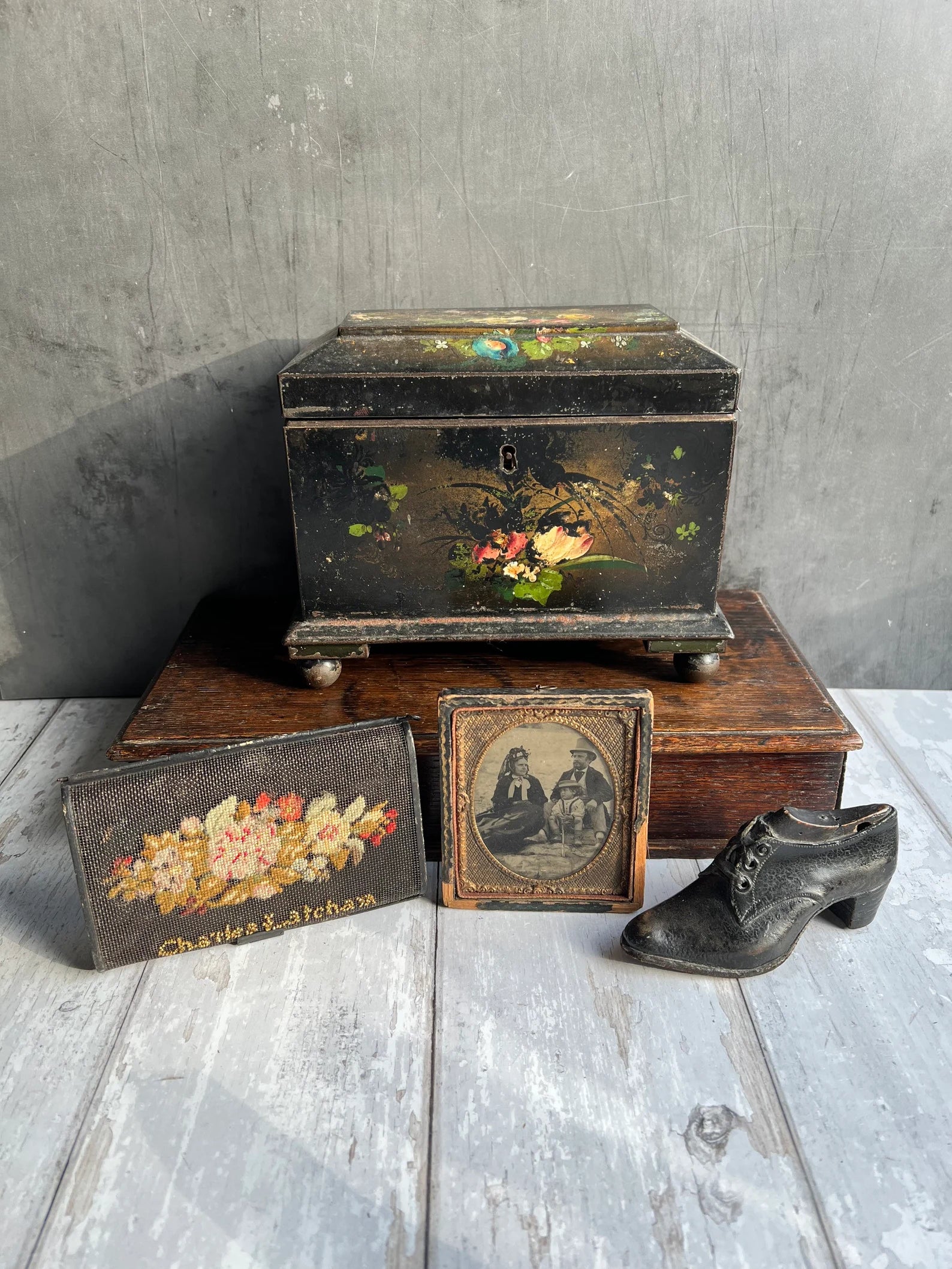 Georgian Needlepoint Mourning Case Beaded Floral Wallet 1830s