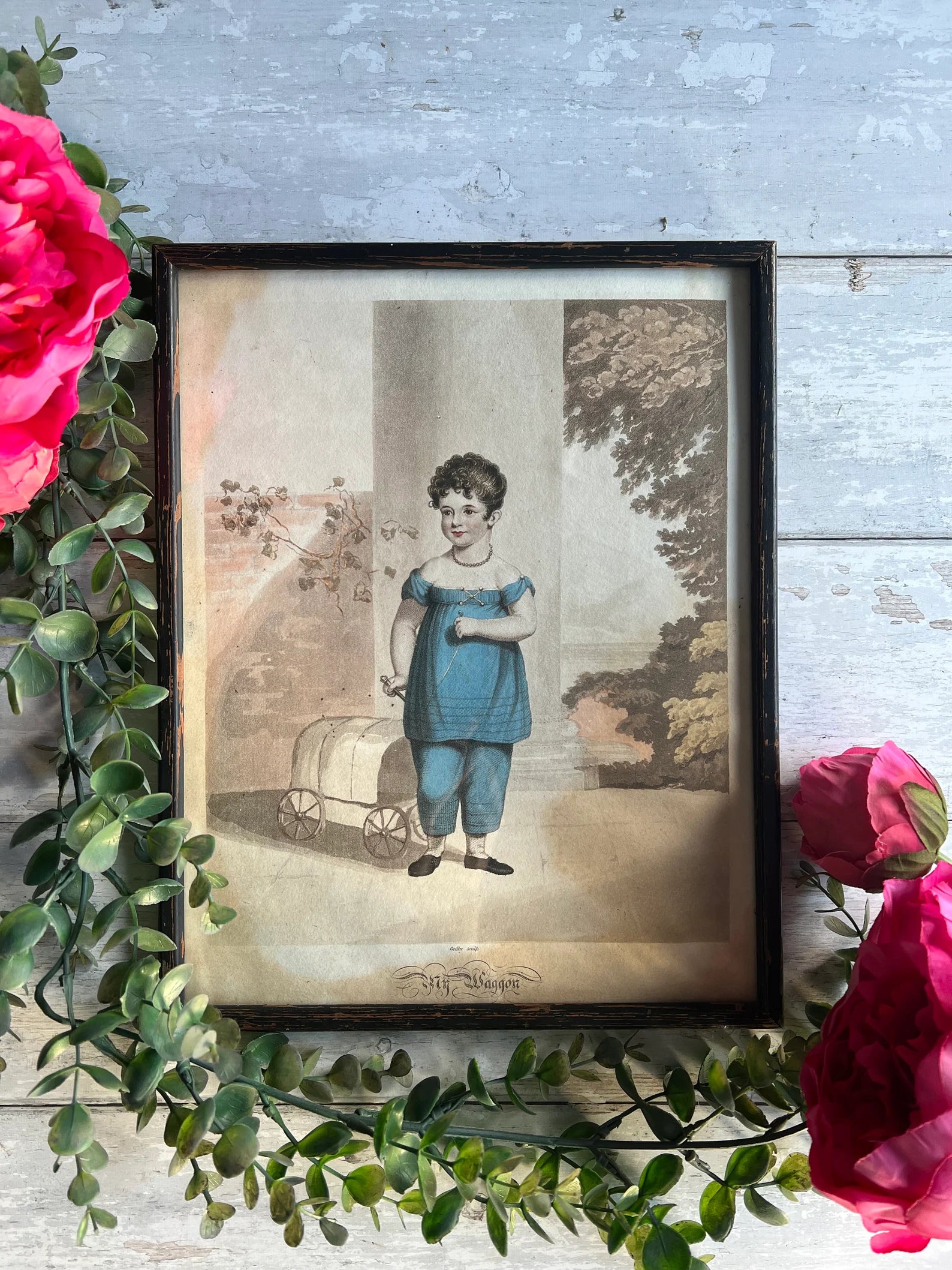Adorable Georgian Engraving Child And Pull Toy Fly Wagon by James Godby Circa 1810