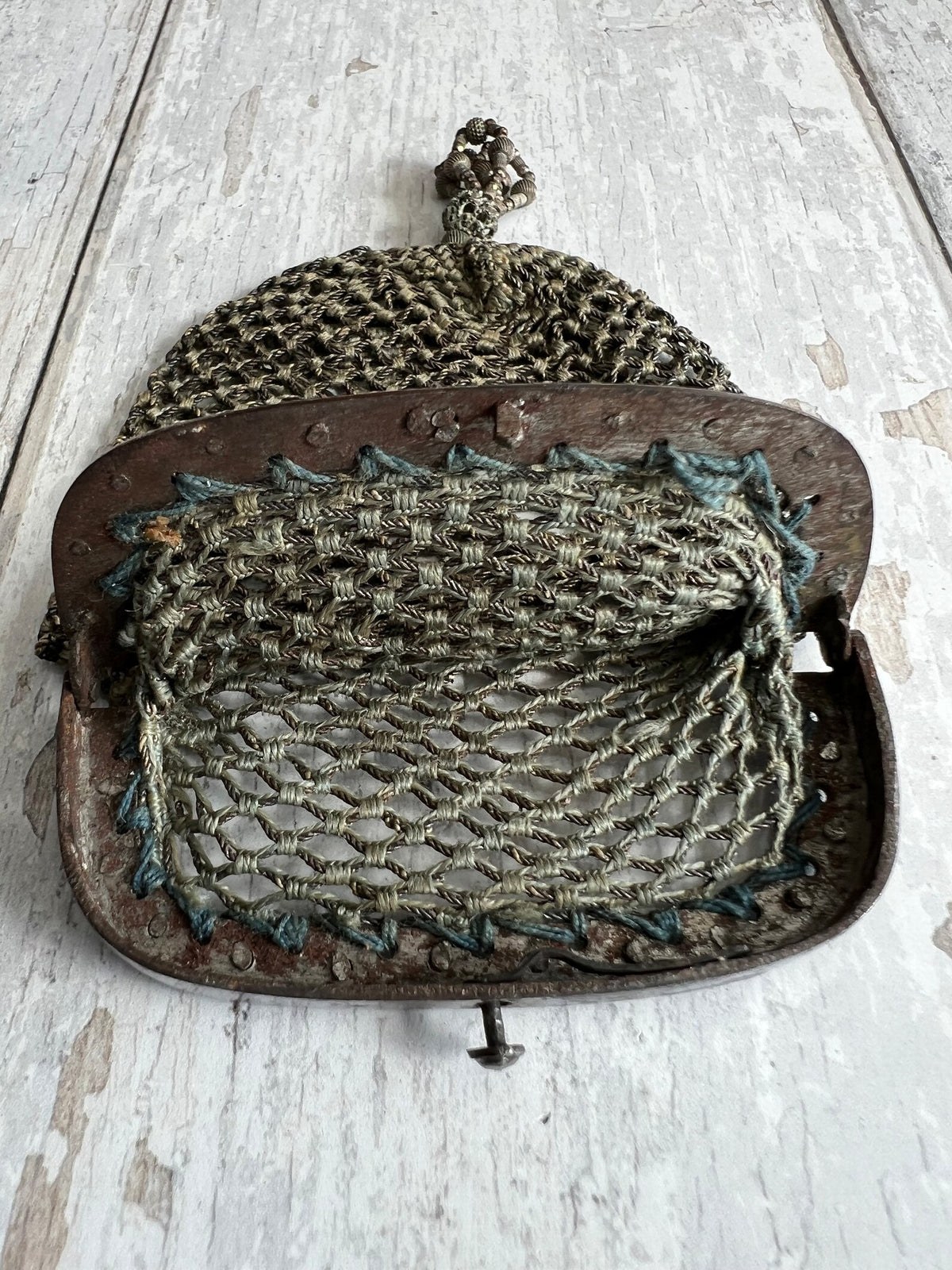 Georgian Purse Netted Sea Green and Silver Thread Cut Steel Frame Circa 1820