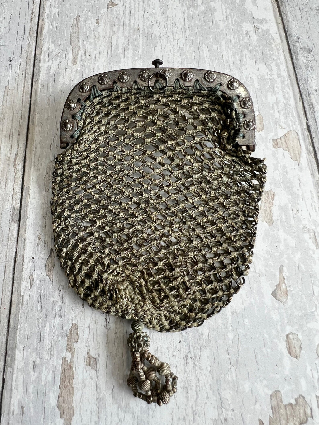 Georgian Purse Netted Sea Green and Silver Thread Cut Steel Frame Circa 1820