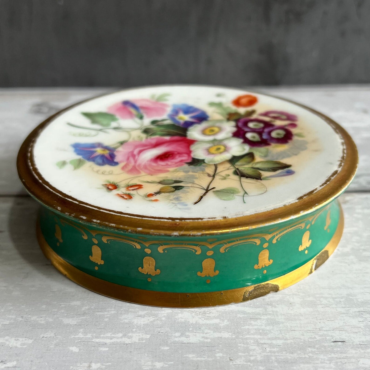 1830s Georgian Porcelain Lidded Box English Country Scene & Floral