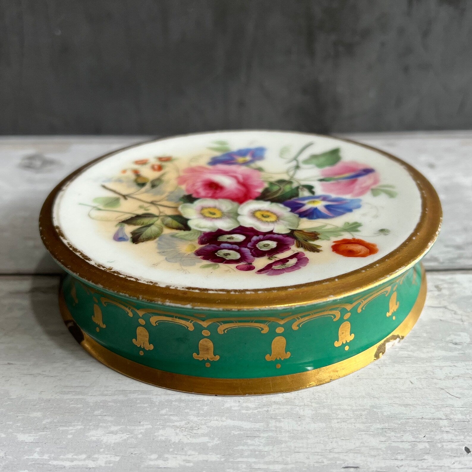 1830s Georgian Porcelain Lidded Box English Country Scene & Floral