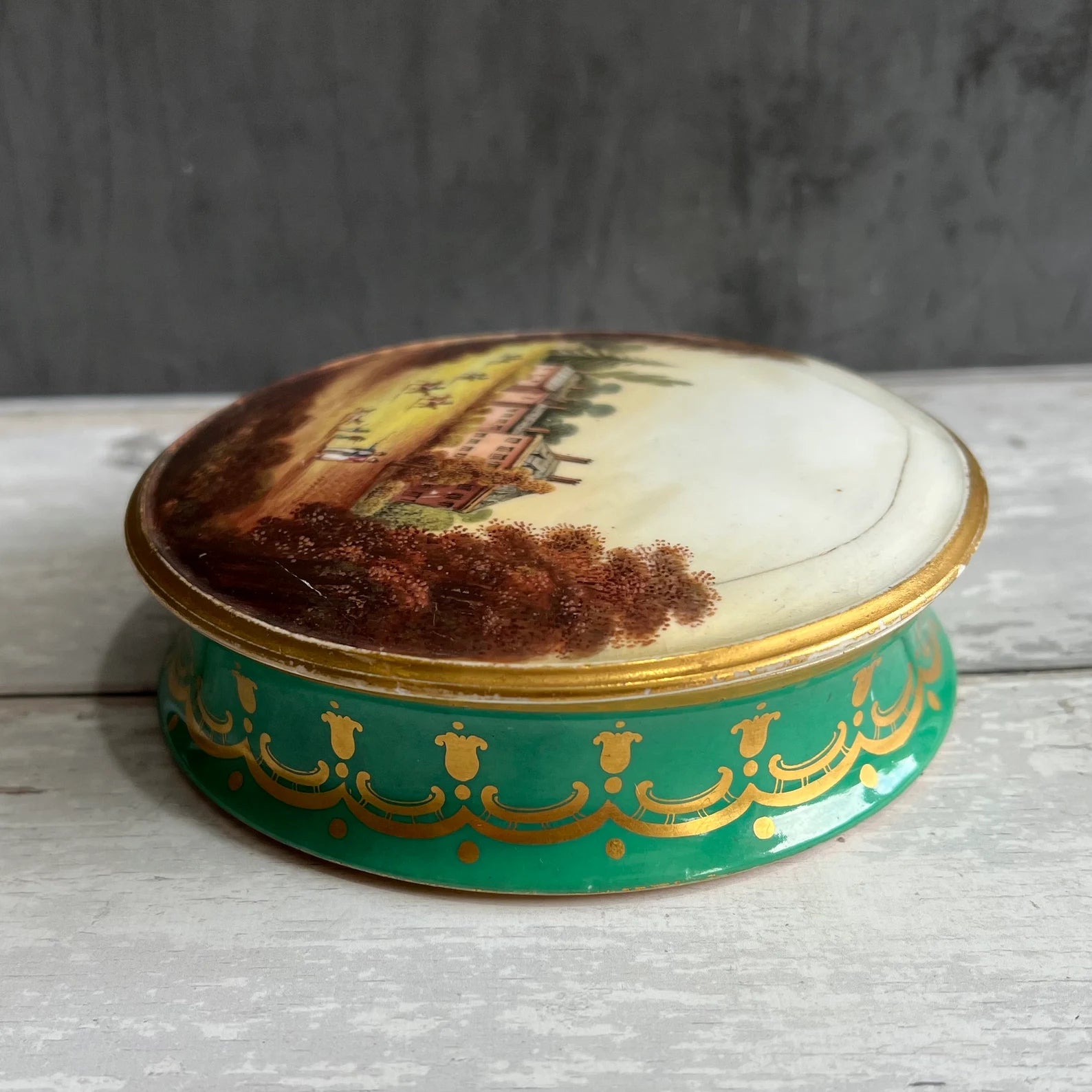 1830s Georgian Porcelain Lidded Box English Country Scene & Floral
