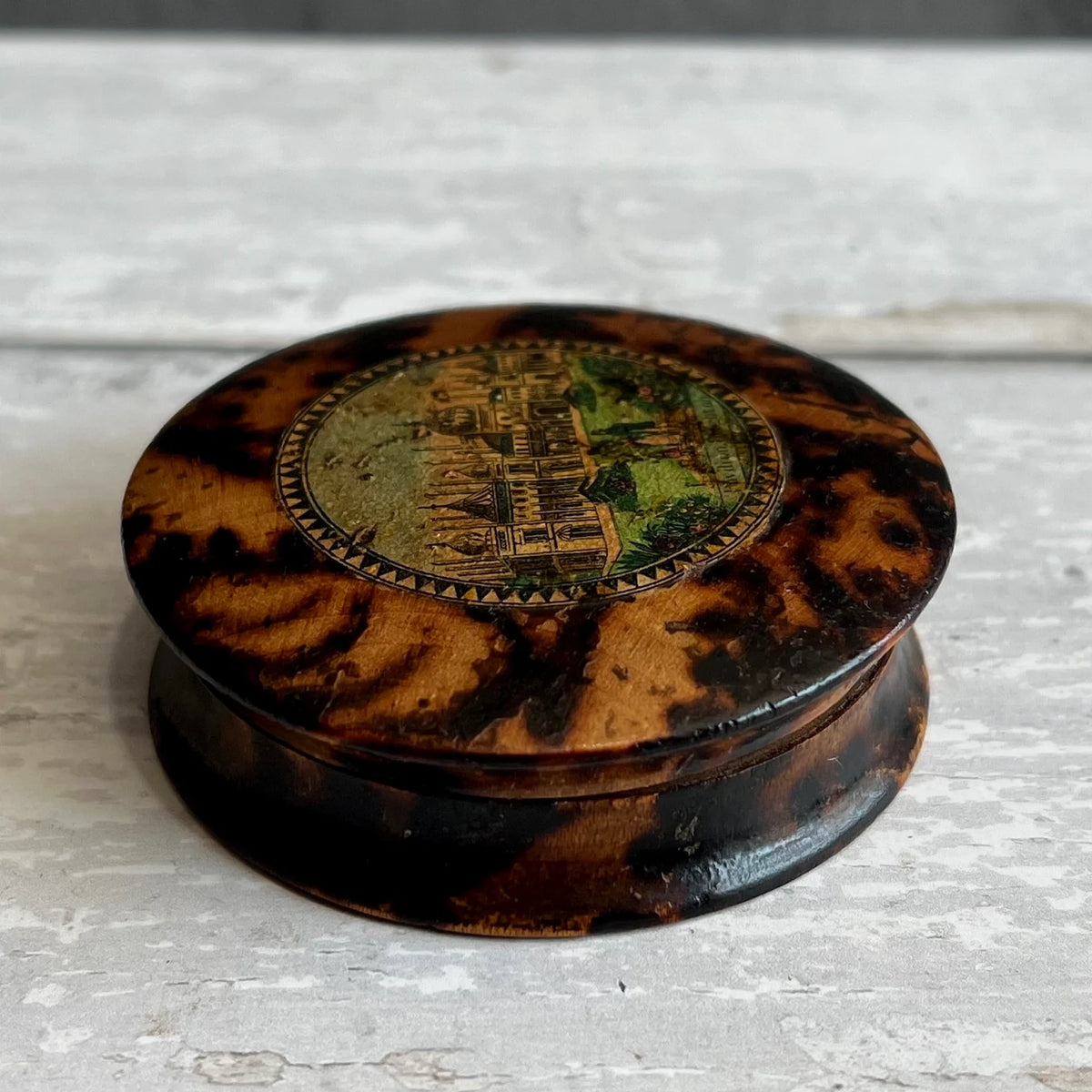 Antique Tunbridge Ware Box Brighton Pavilion Scene Simulated Tortoiseshell Finish