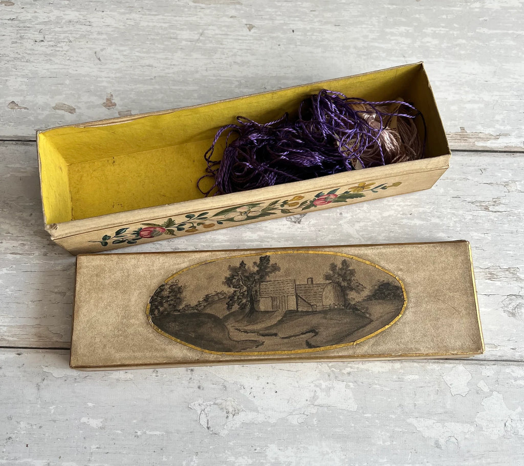 Rare Antique Georgian Sewing Box Hand Painted Shells Flowers and Country Scene Dated 1809