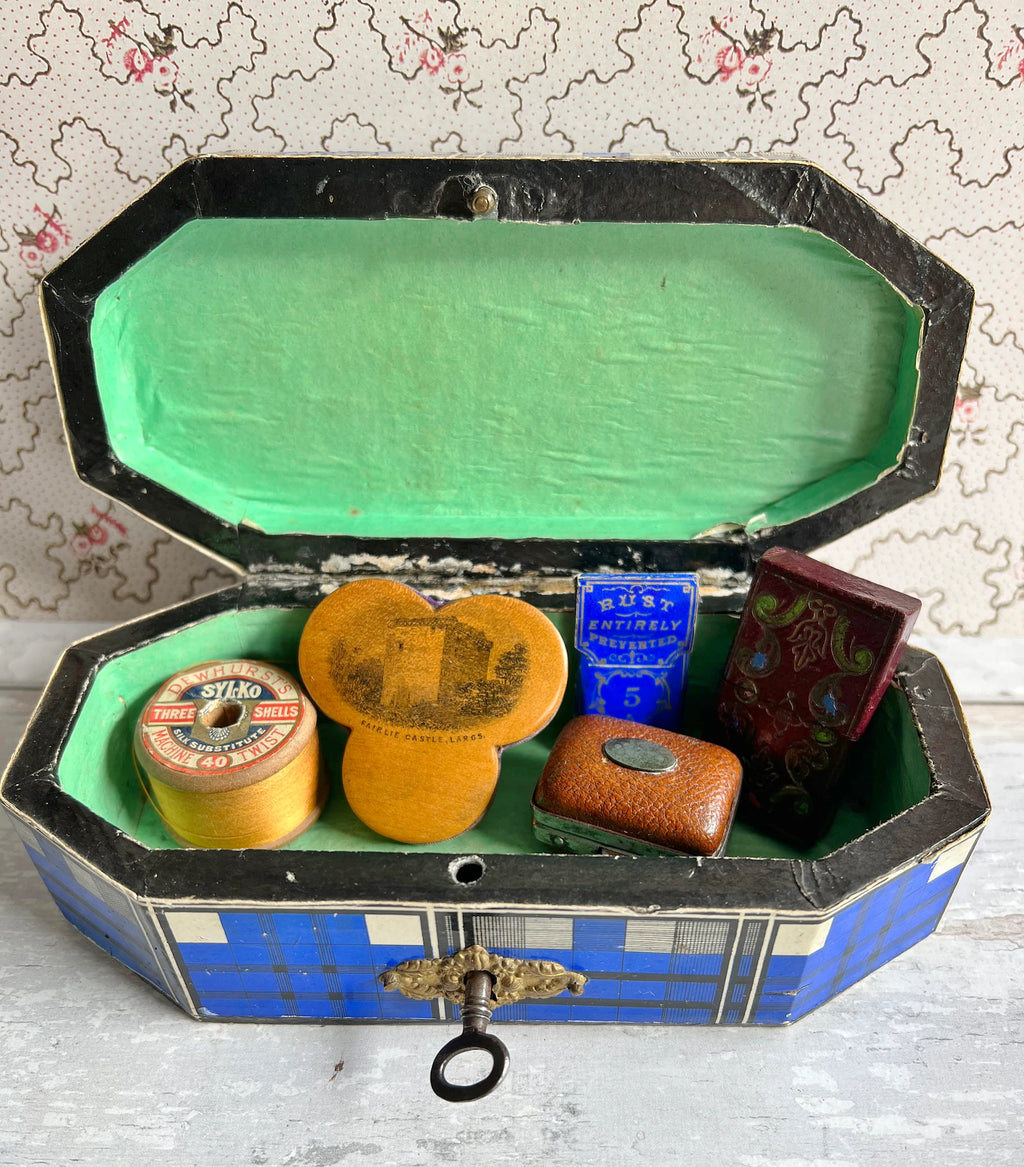 Antique 19th Century Sewing Box Blue Tartan C 1850