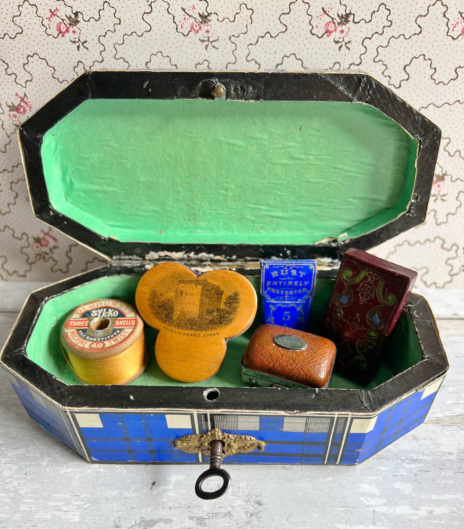 Antique 19th Century Sewing Box Blue Tartan C 1850